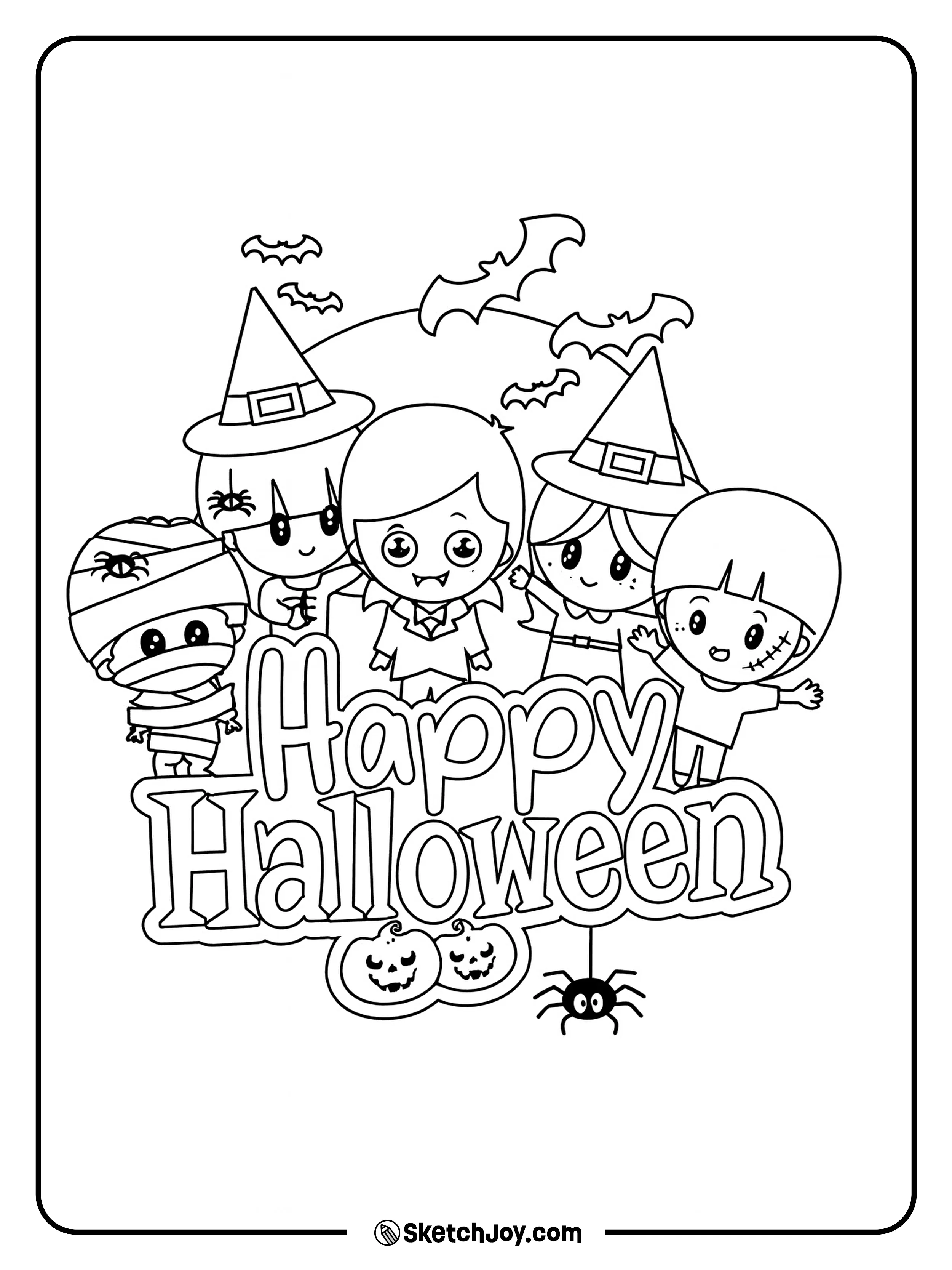 Five kids dressed as a vampire, two witches, a mummy.