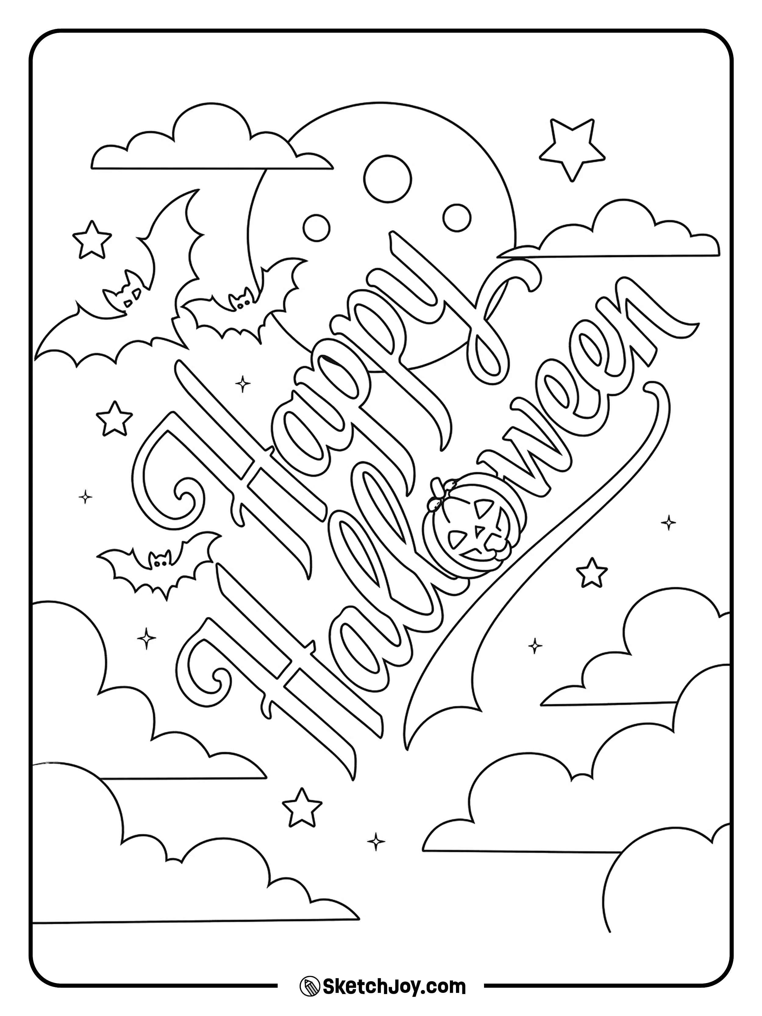 Large decorative letters spell out “Happy Halloween” across the sky