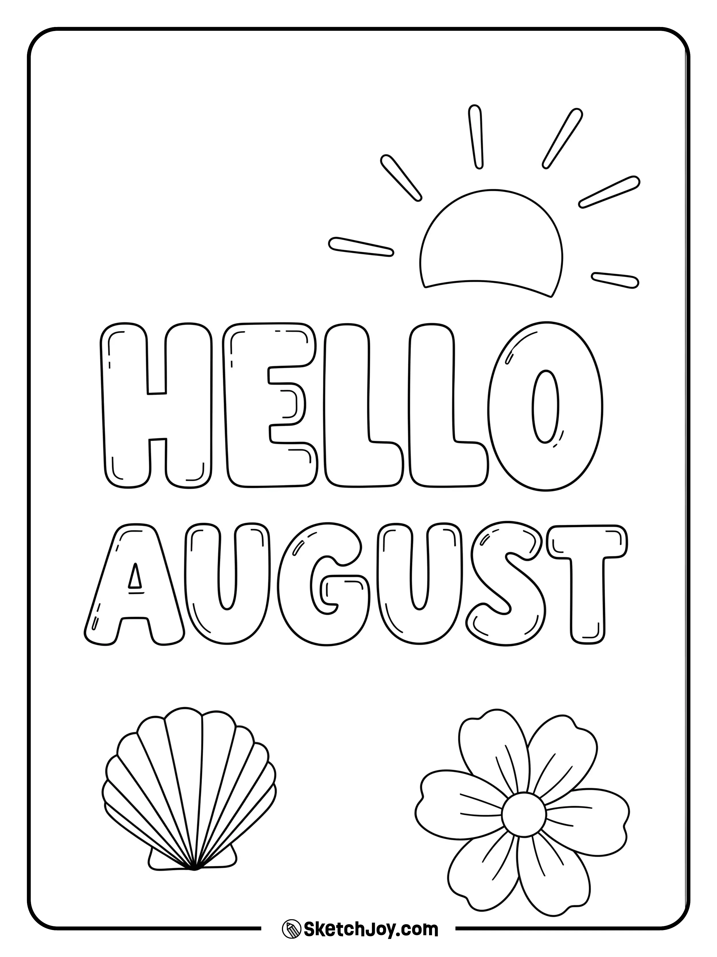 “Hello August” in big letters with summer icons.