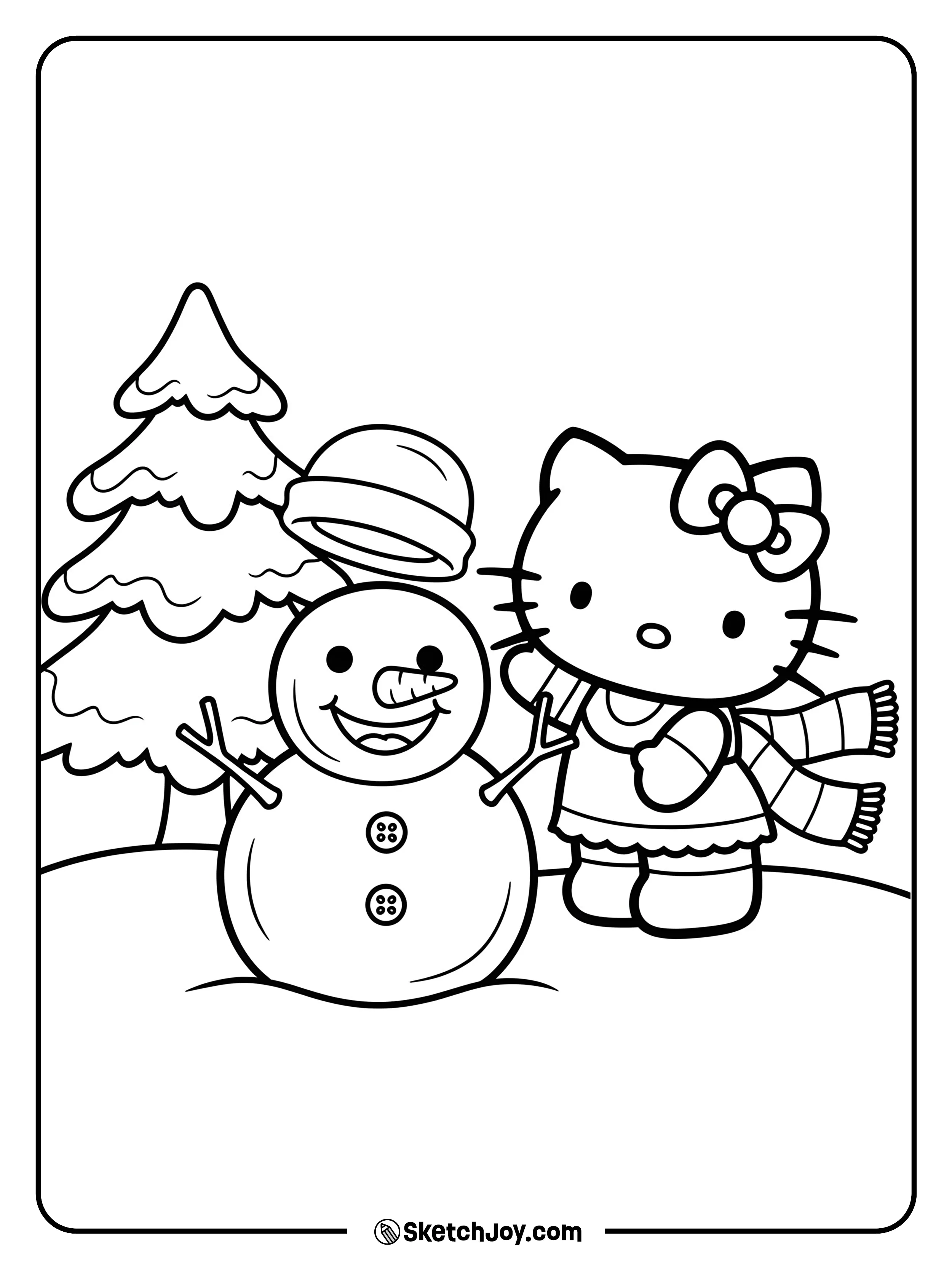 Hello Kitty is stacking snowballs to build a happy snowman.