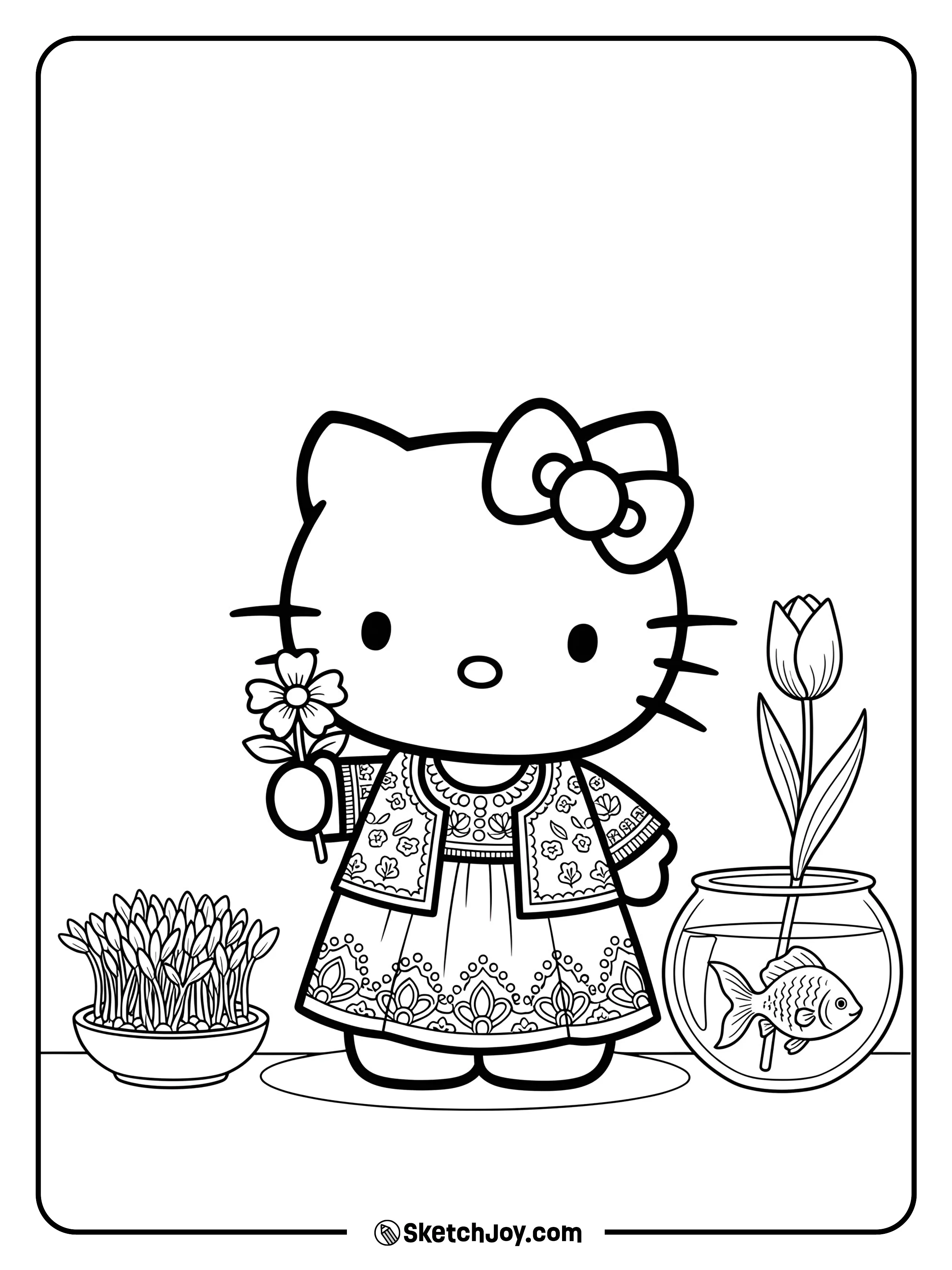 Hello Kitty is happily celebrating Persian New Year, dressed in traditional clothes.