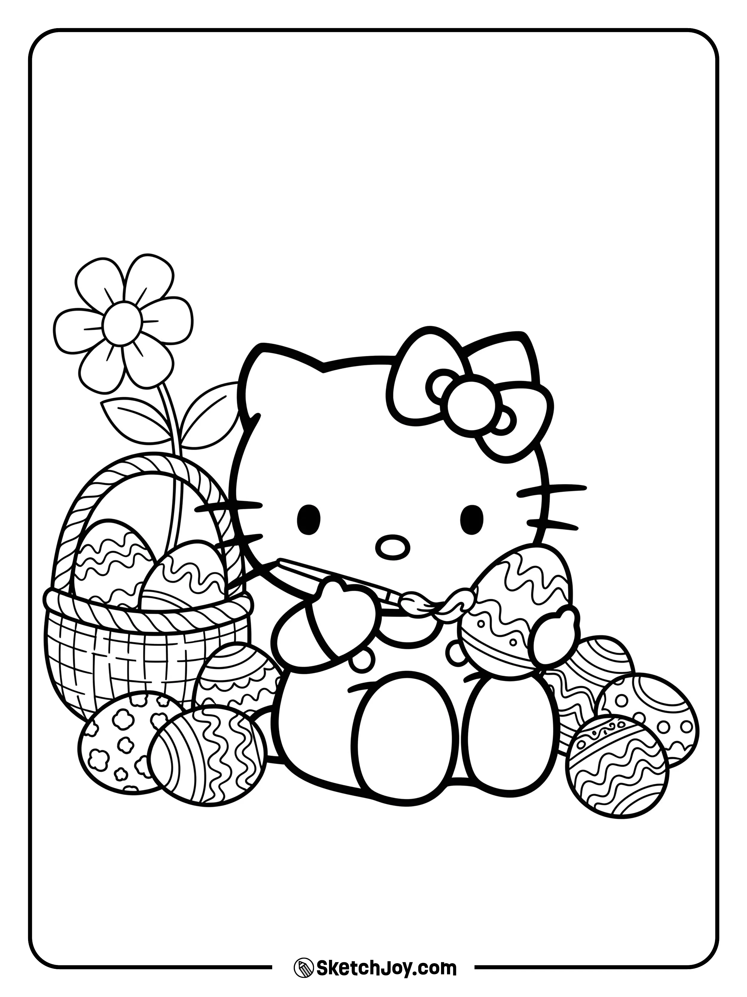 Hello Kitty is sitting down and painting Easter eggs with a brush.