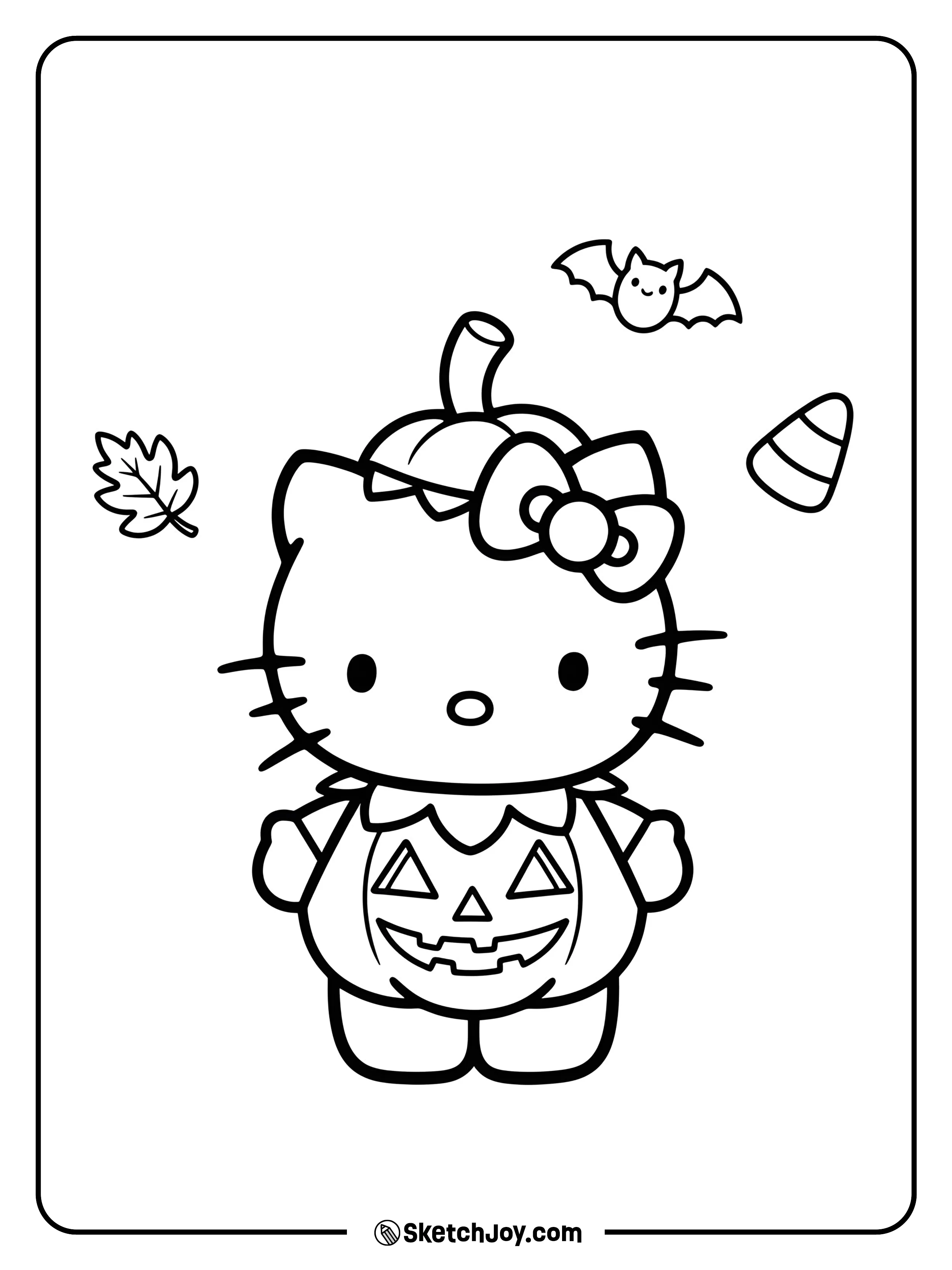 Hello Kitty is wearing a round pumpkin costume and ready for Halloween