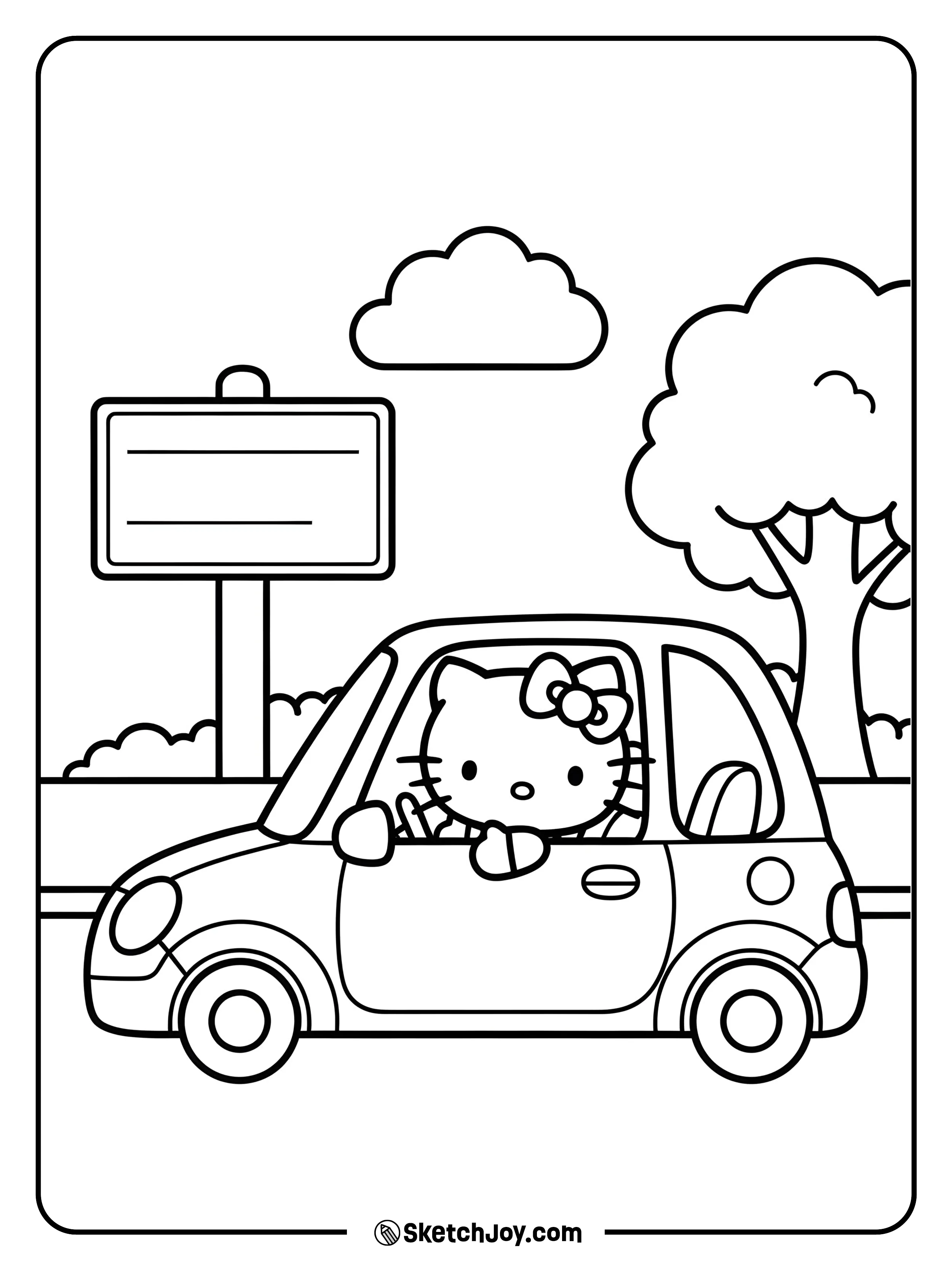 Hello Kitty is happily driving her small car down the road.