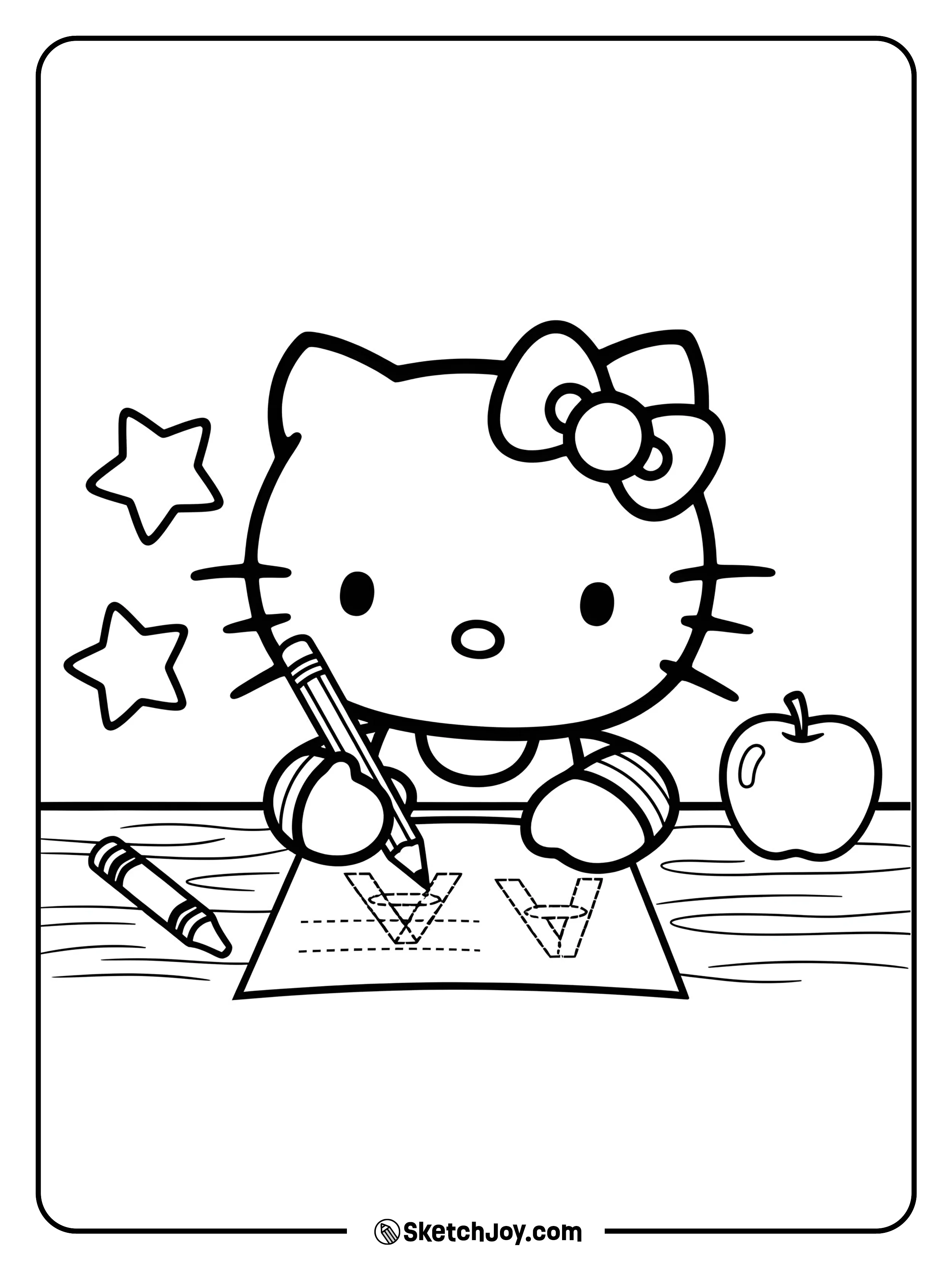 Hello Kitty is tracing big alphabet letters with focus and fun.