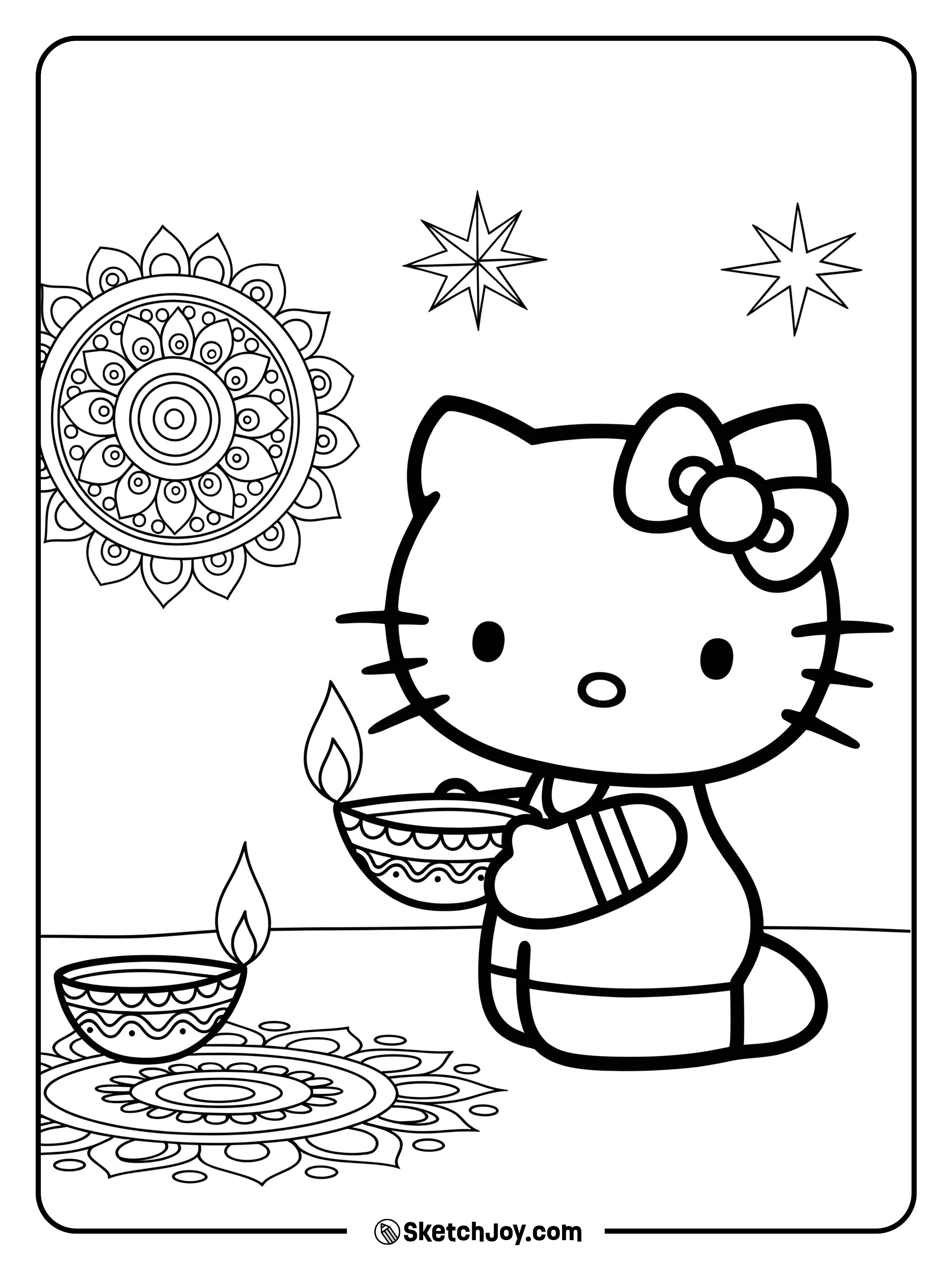 Hello Kitty is lighting a diya lamp to celebrate Diwali.