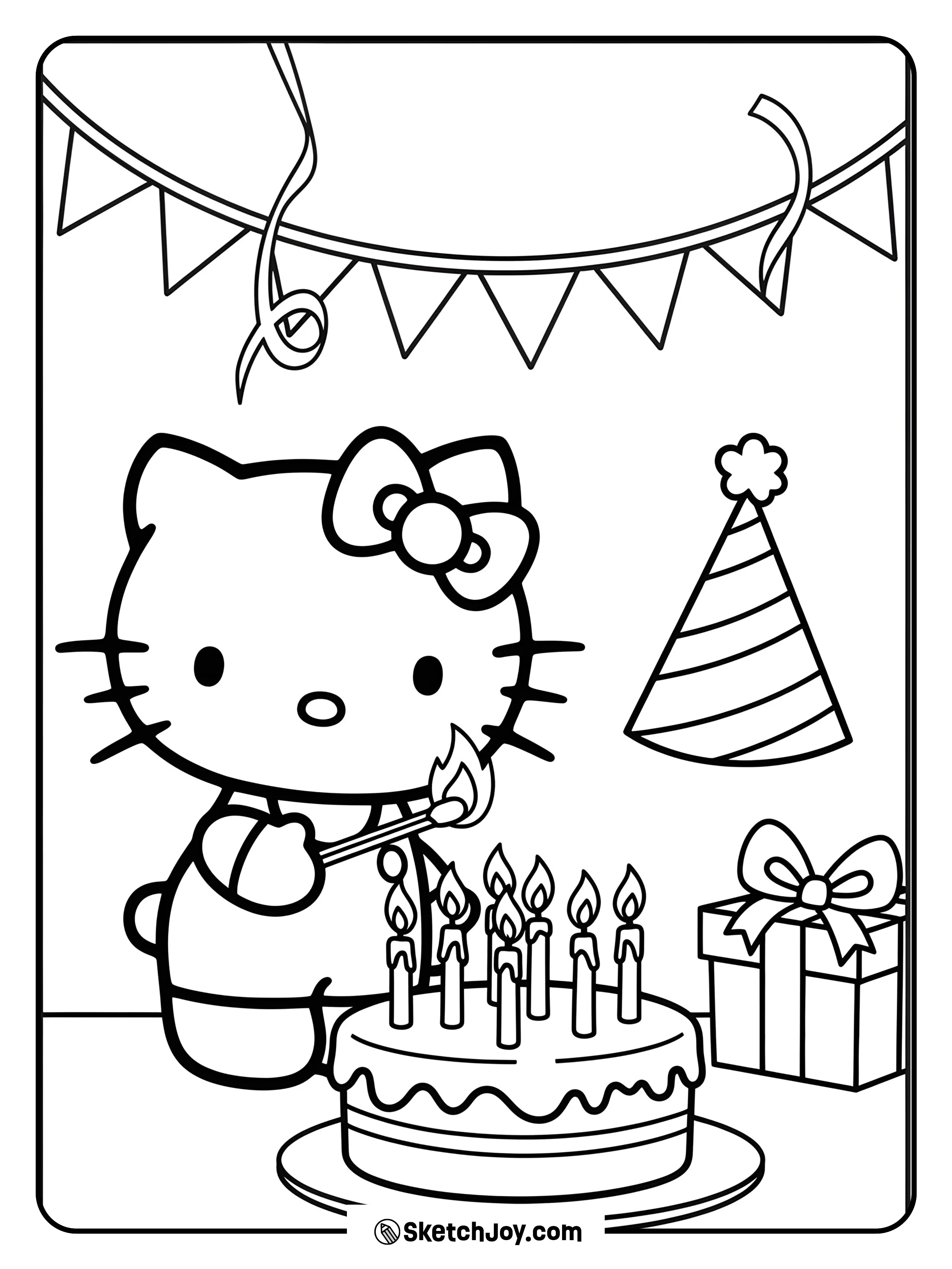 Hello Kitty is lighting a candle on a birthday cake with joy.