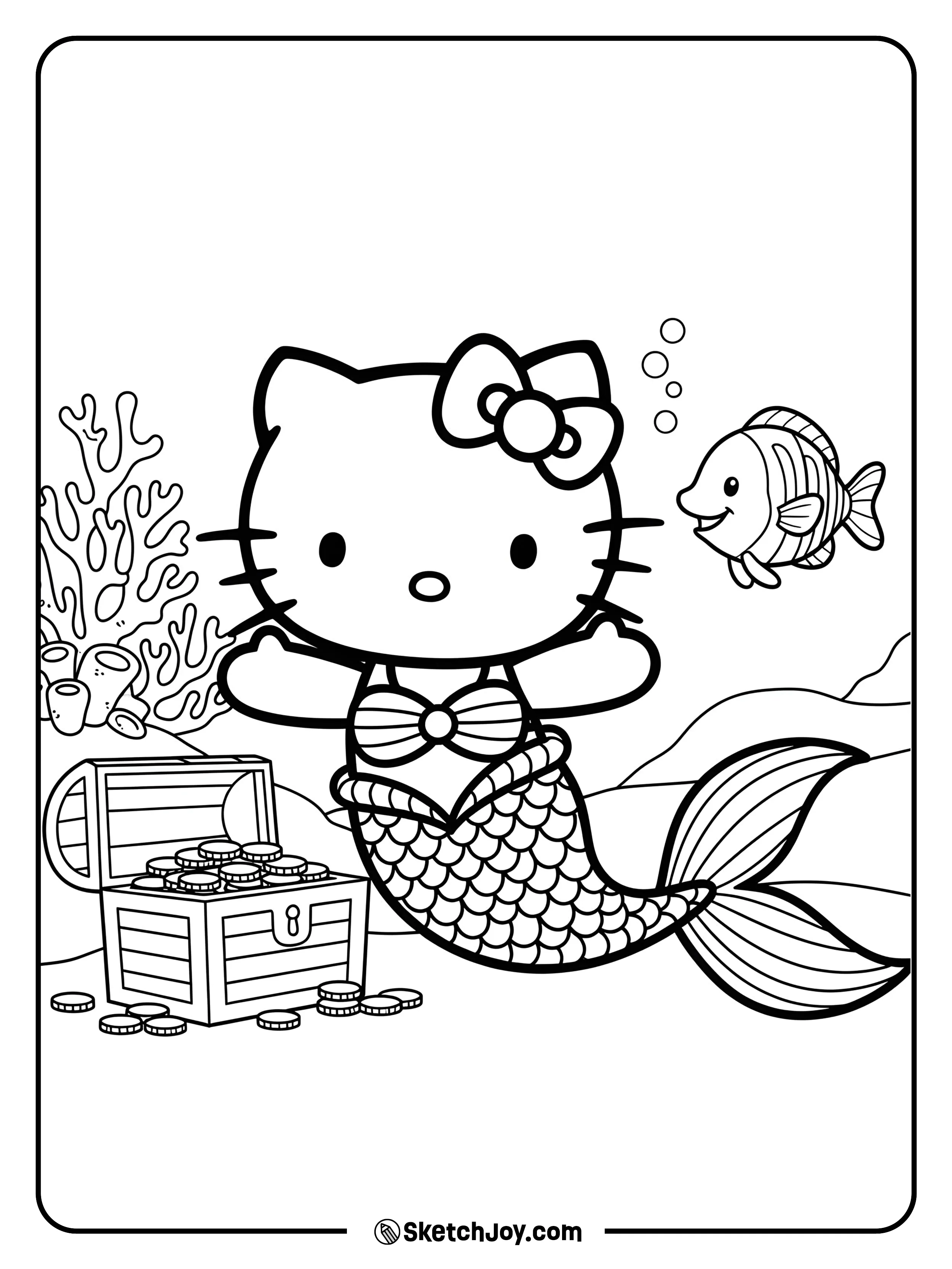 Hello Kitty is a mermaid, swimming through her magical undersea world.