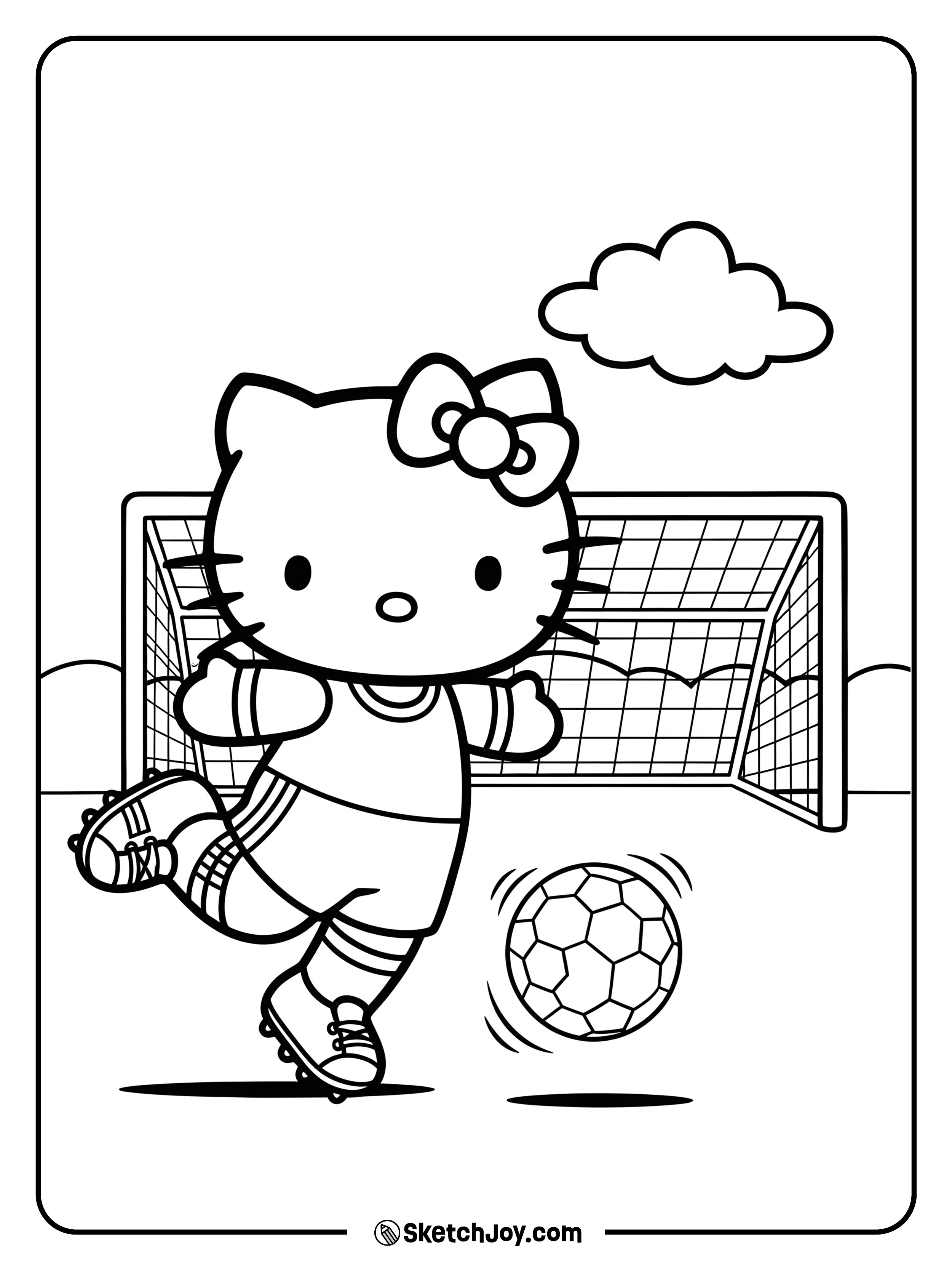 Hello Kitty is kicking a soccer ball on a field.