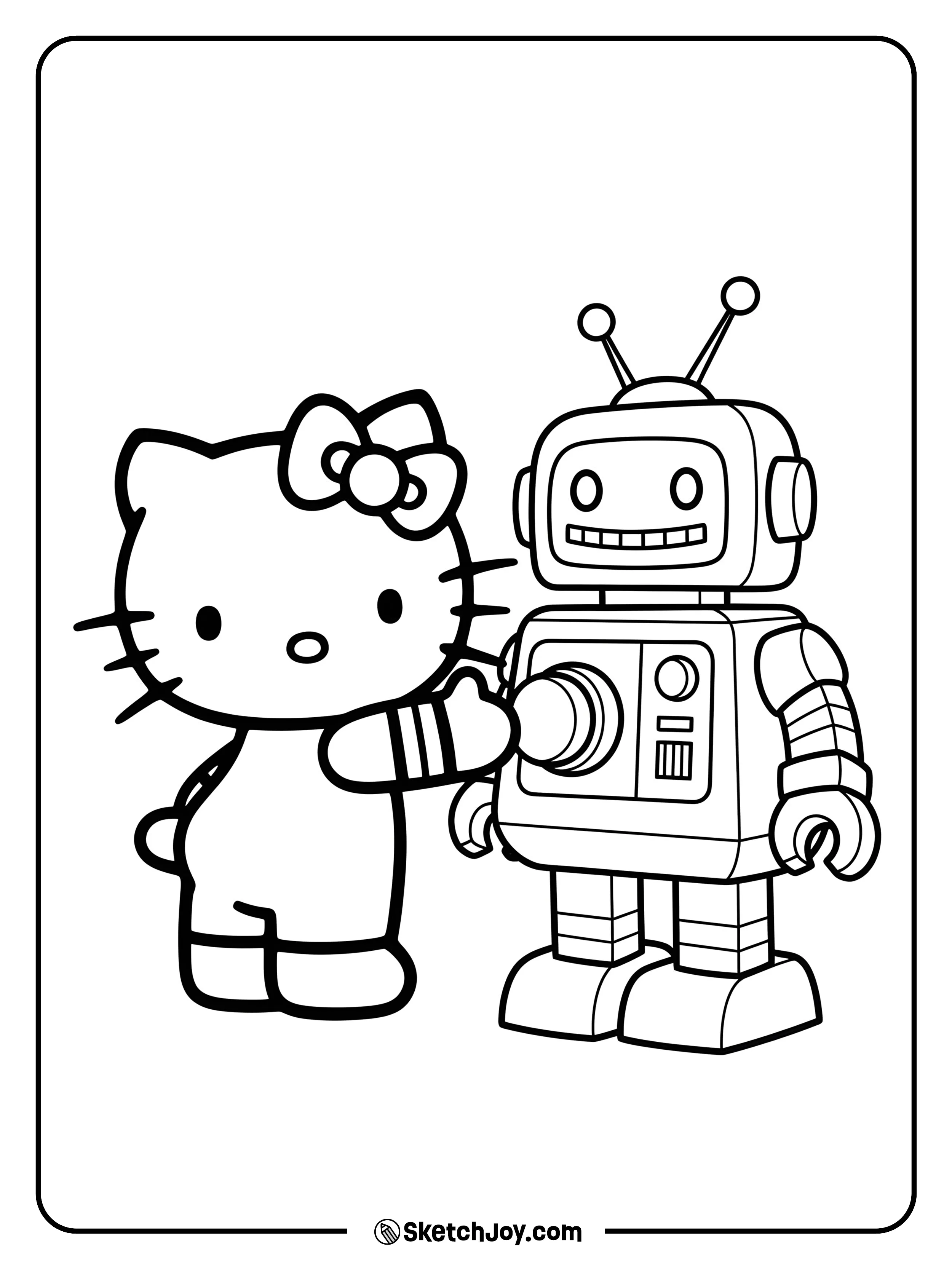 Hello Kitty is sitting on the floor with her favorite robot toy.