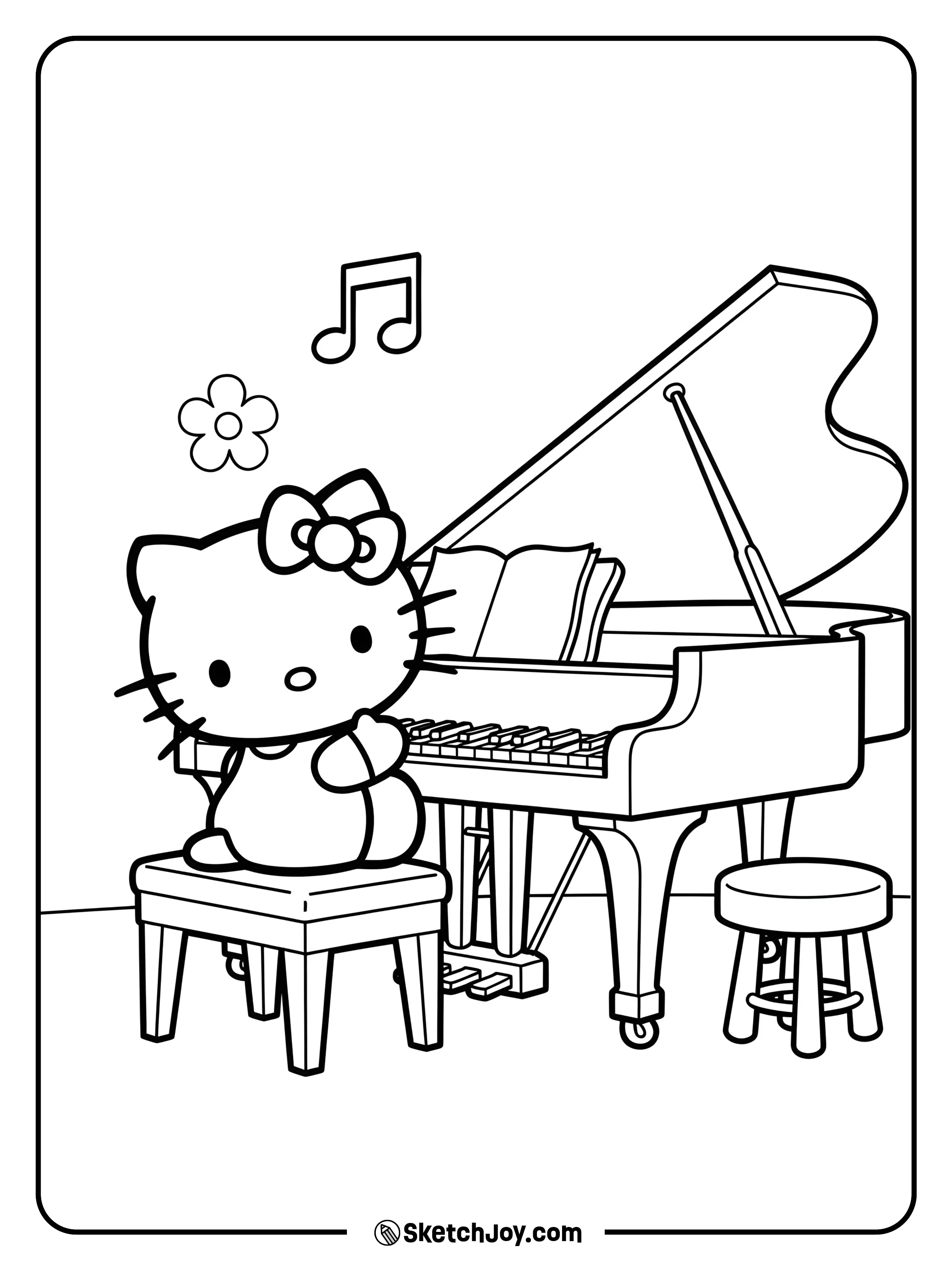 Hello Kitty is sitting at a piano, playing a cheerful tune.