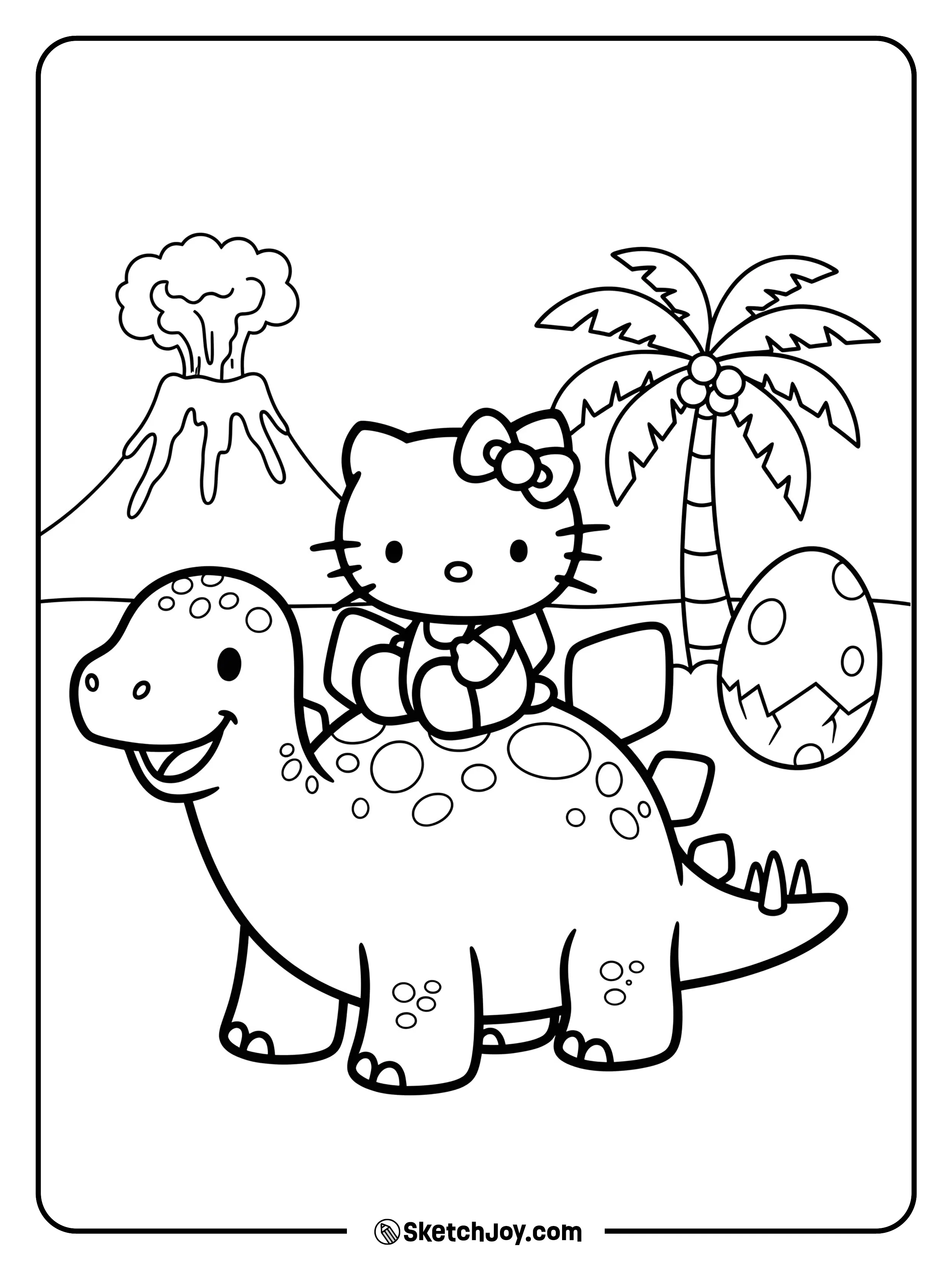 Hello Kitty is joyfully riding a friendly dinosaur.
