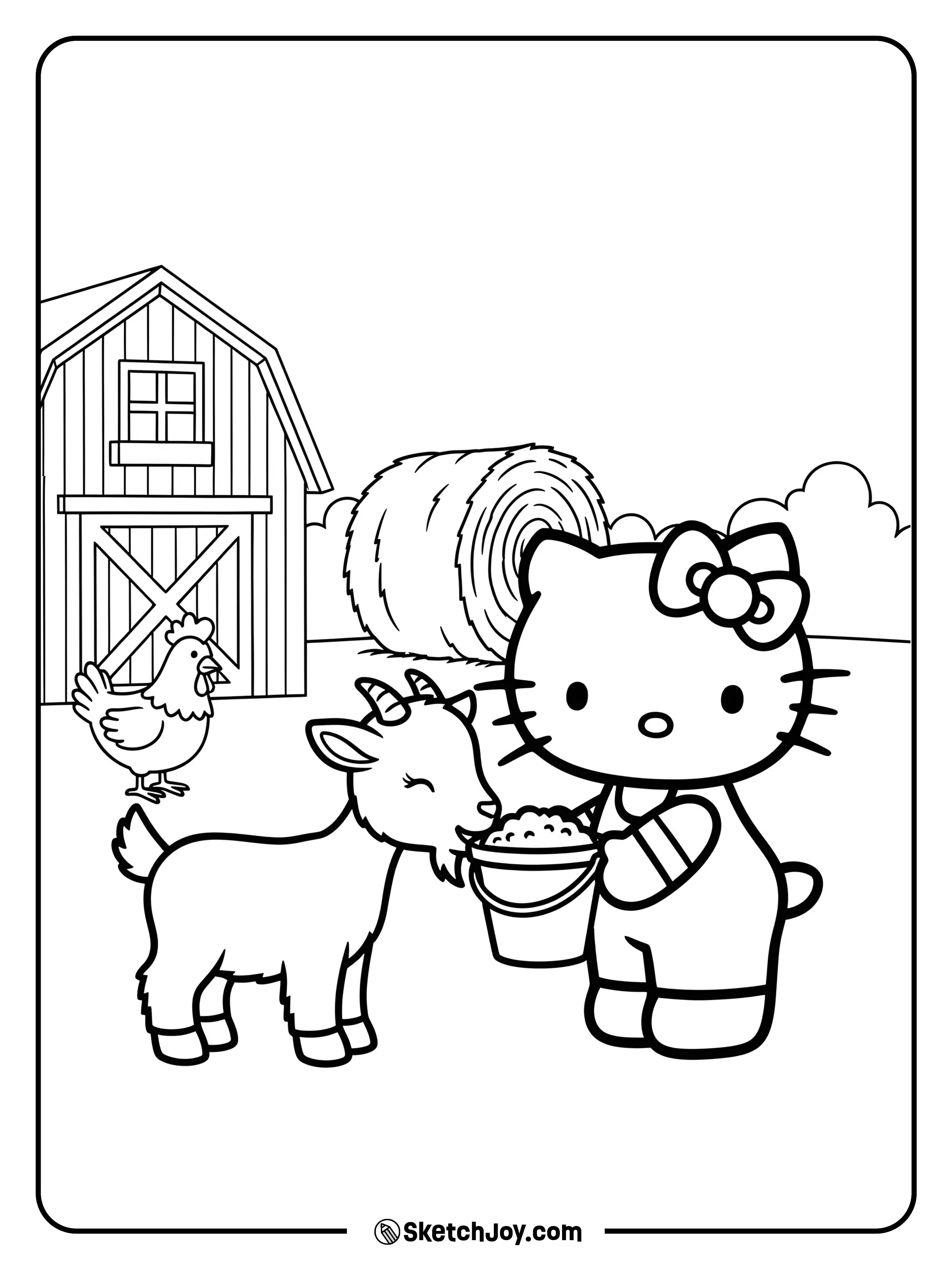Hello Kitty is feeding a cute farm animal.