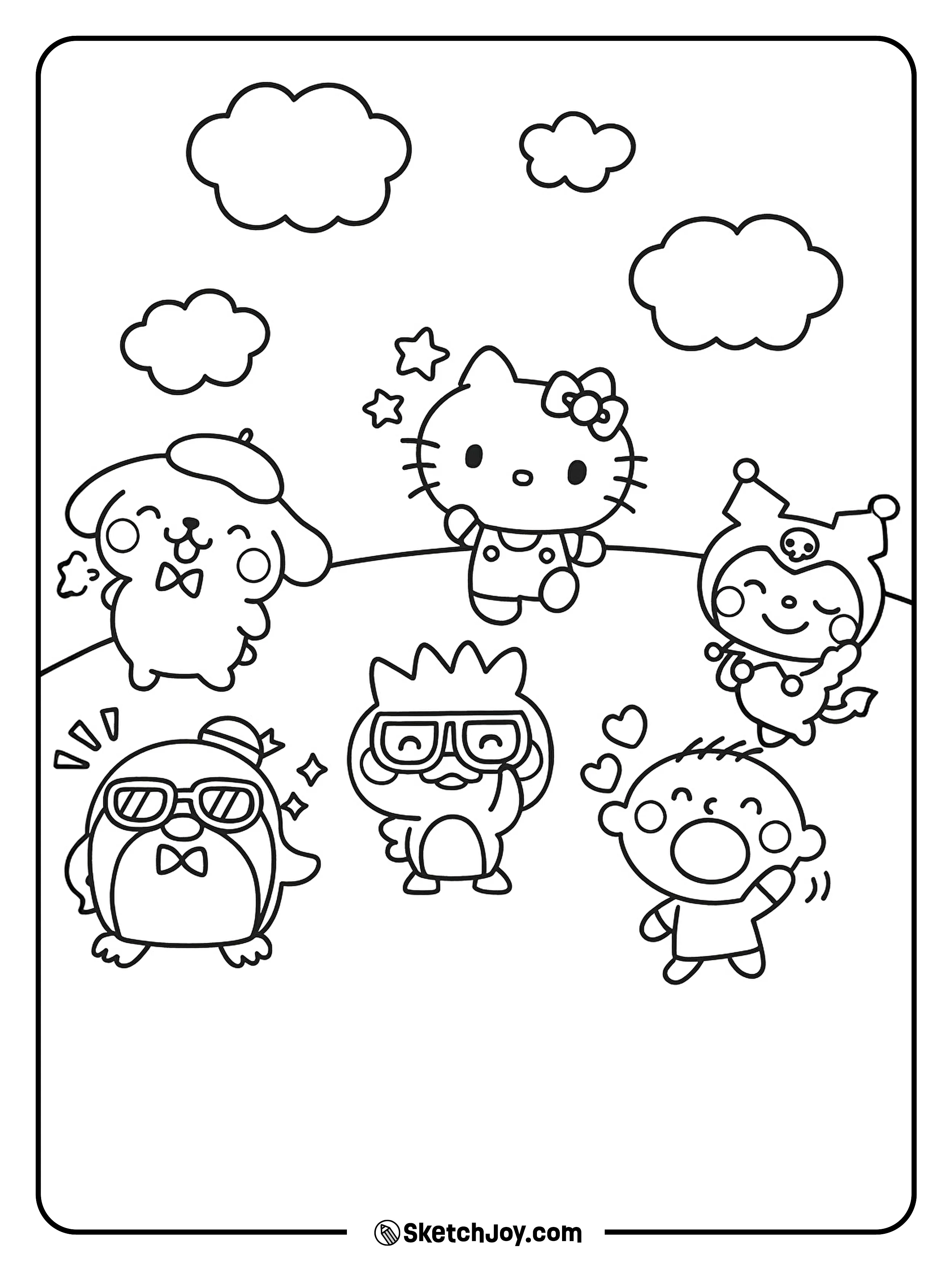 Hello Kitty is having a fun day with her Sanrio friends, all smiling and playing under a sky.