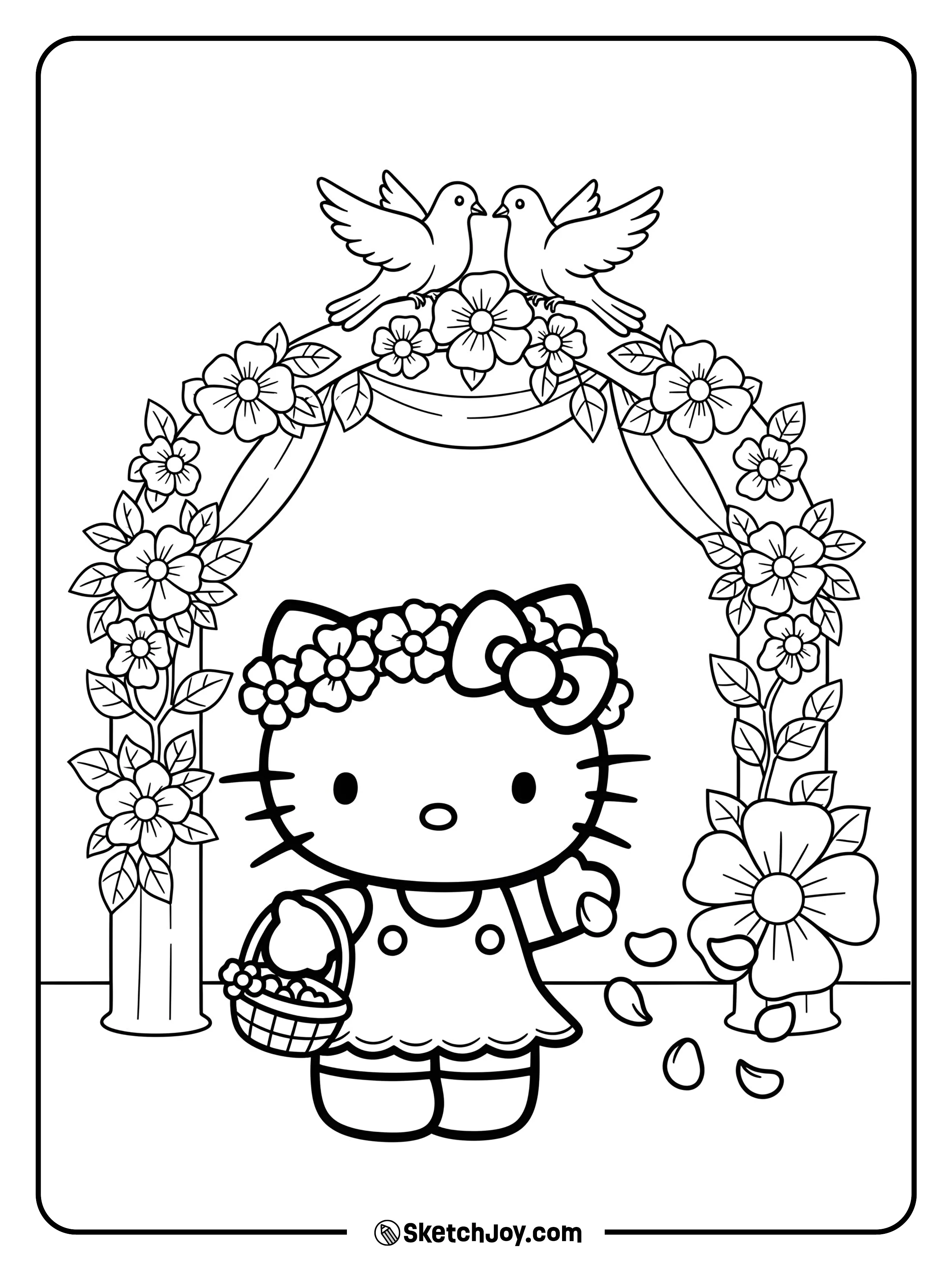 Hello Kitty is dressed as a flower girl at a wedding ceremony.