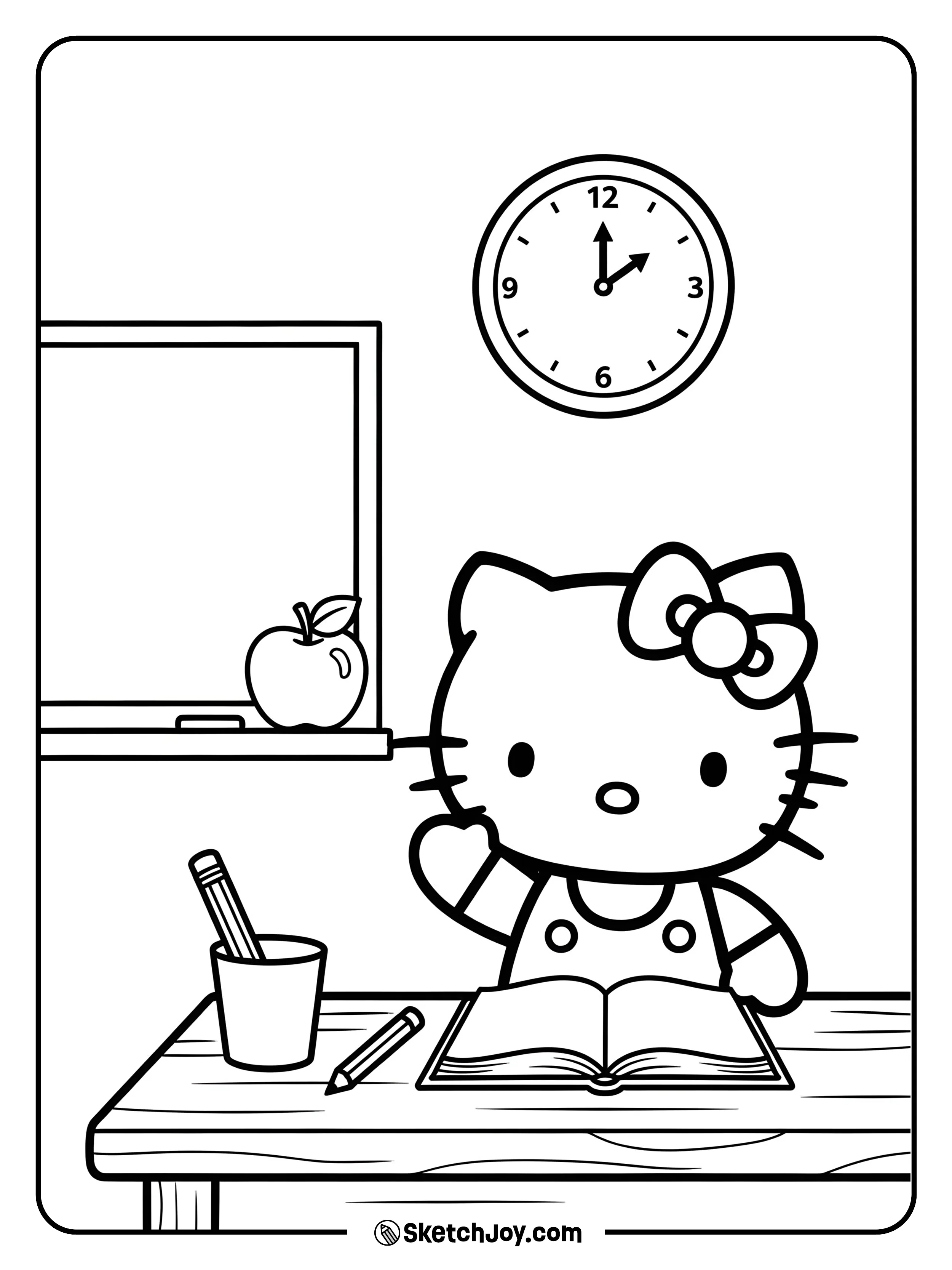Hello Kitty is raising her hand during class.