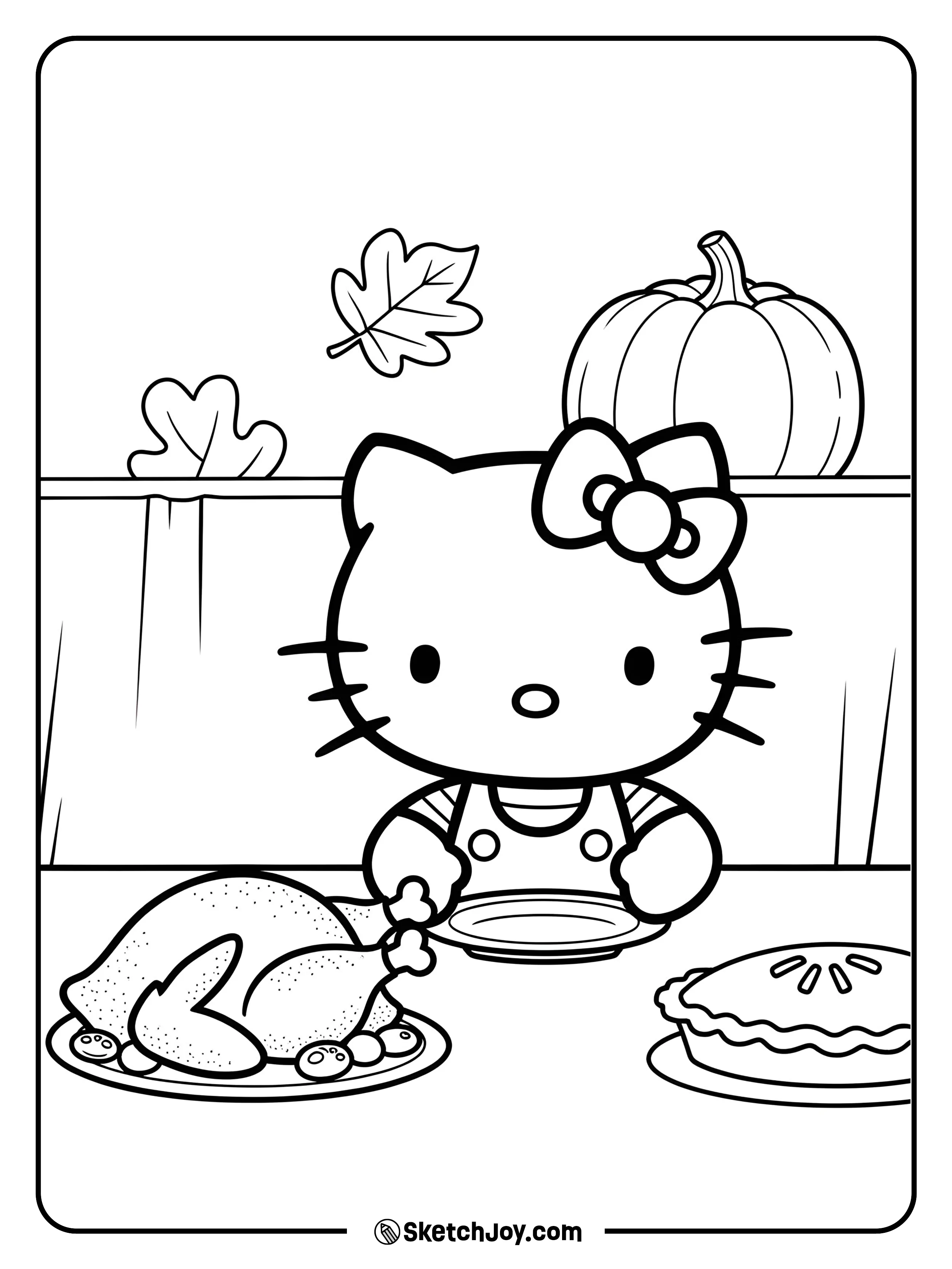 Hello Kitty is sitting at the table ready to enjoy Thanksgiving.