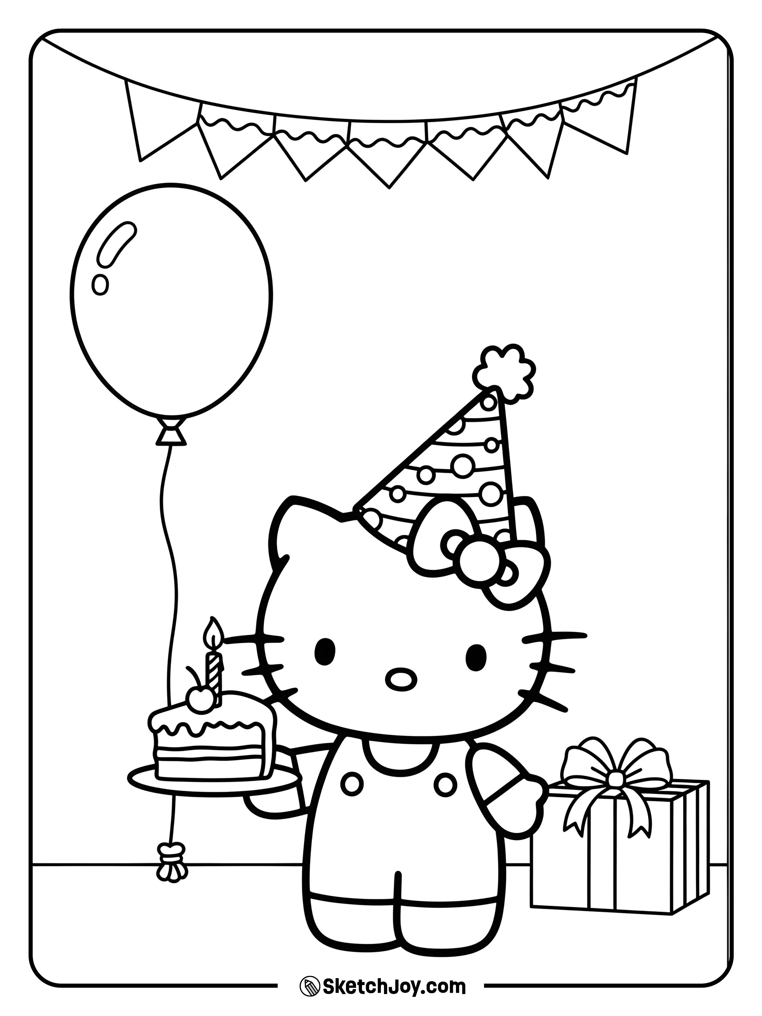Hello Kitty is celebrating a birthday with balloons and cake.