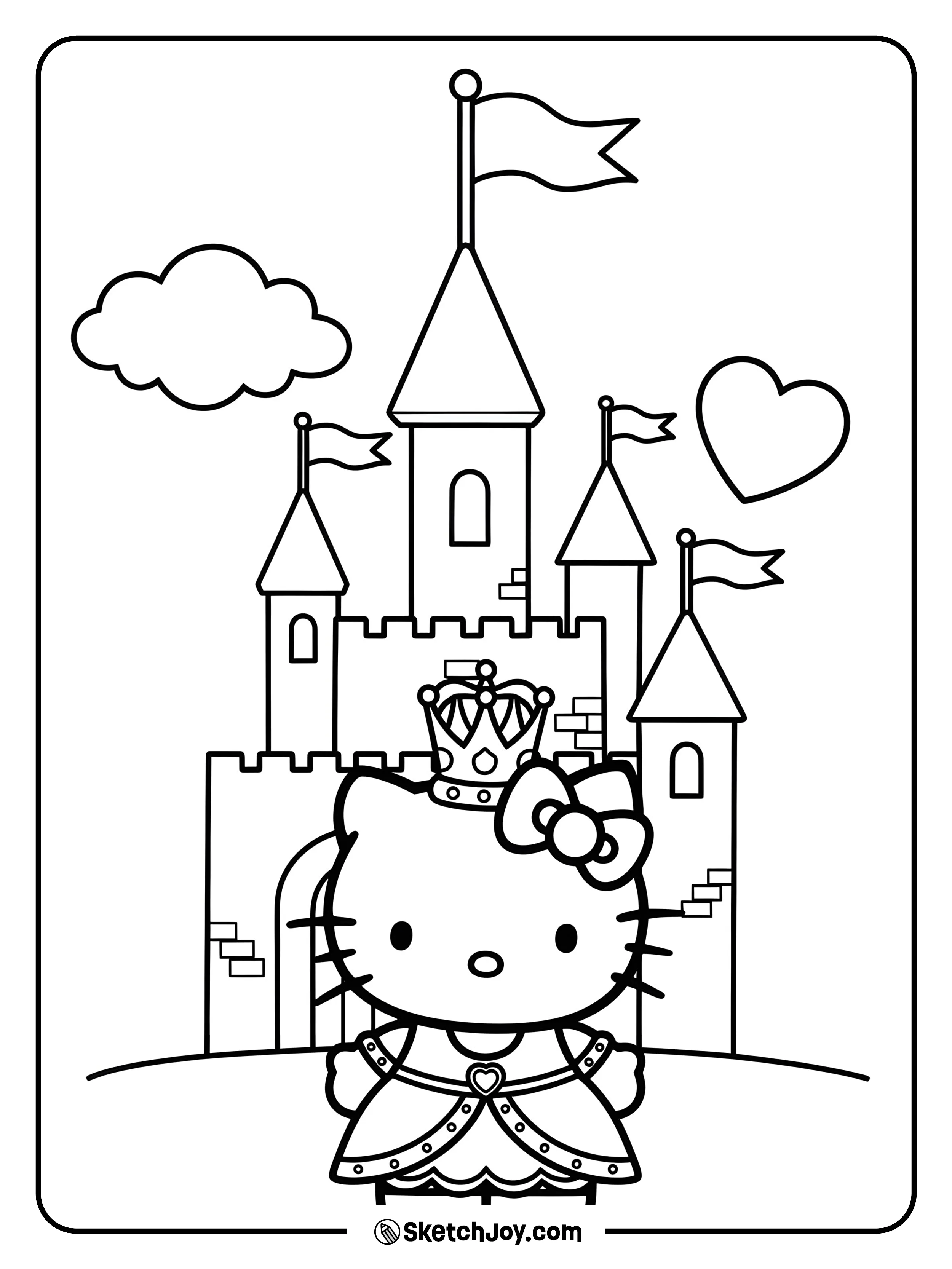 Hello Kitty is dressed like royalty outside a fairytale castle.