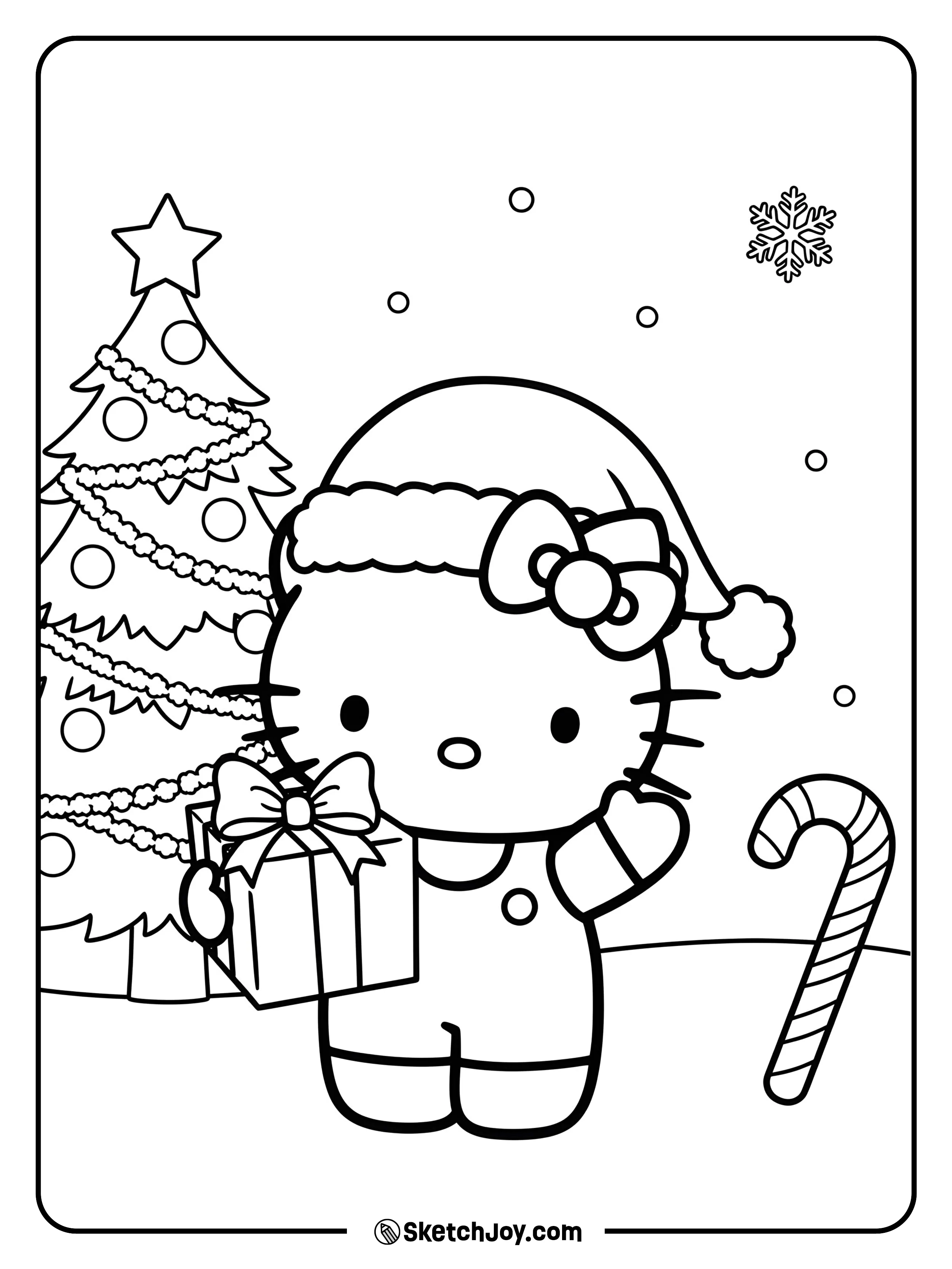 Hello Kitty is dressed for Christmas, holding a gift.