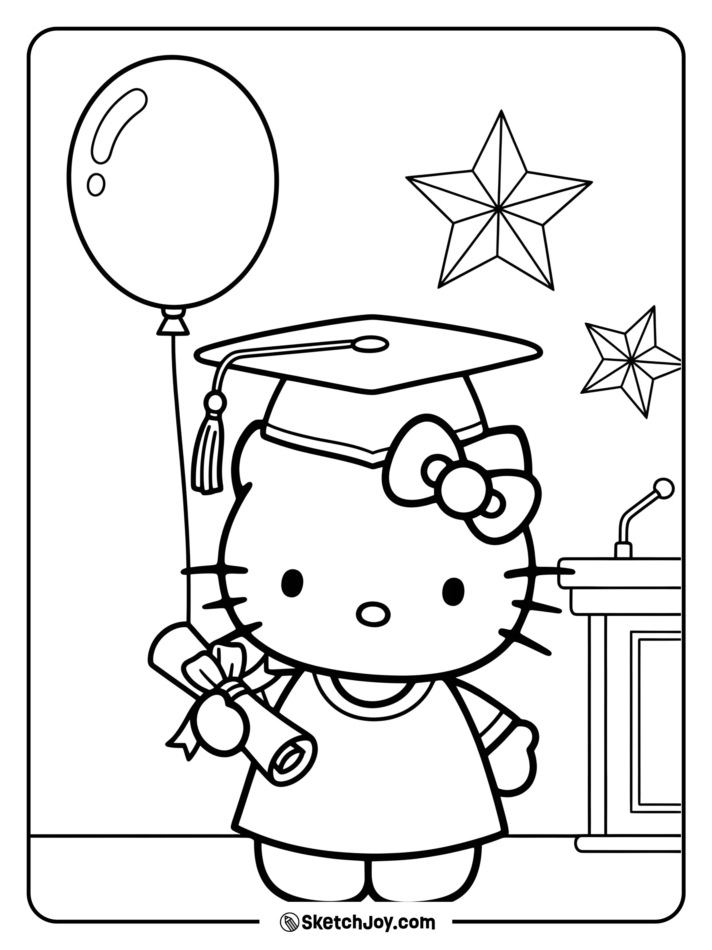 Hello Kitty is proudly wearing a cap and gown, ready to graduate.