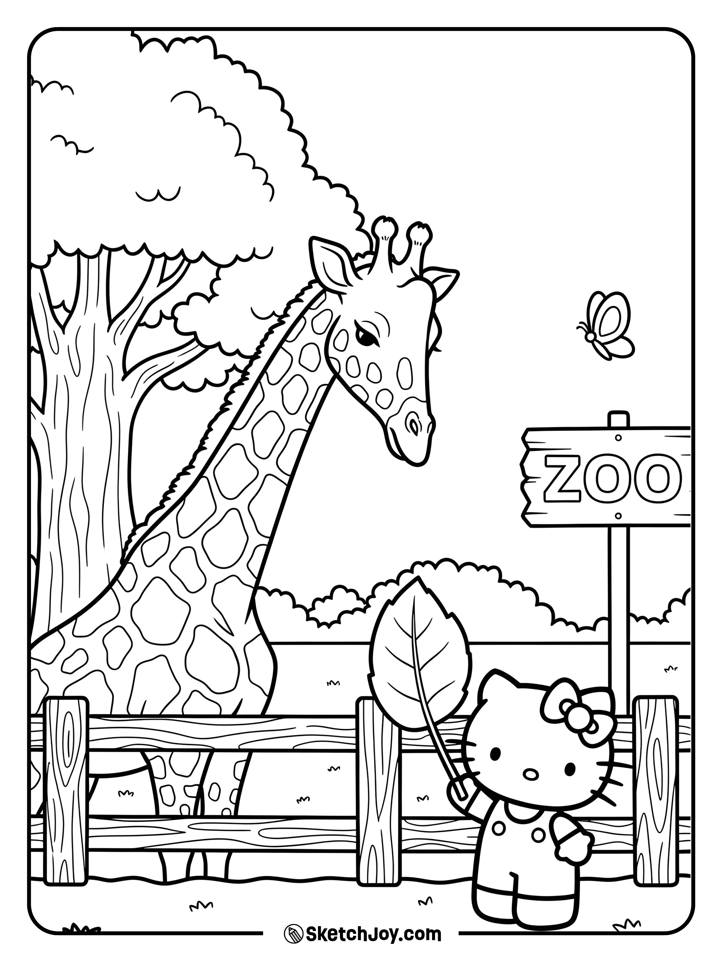 Hello Kitty is visiting the zoo and happily feeding an animal.