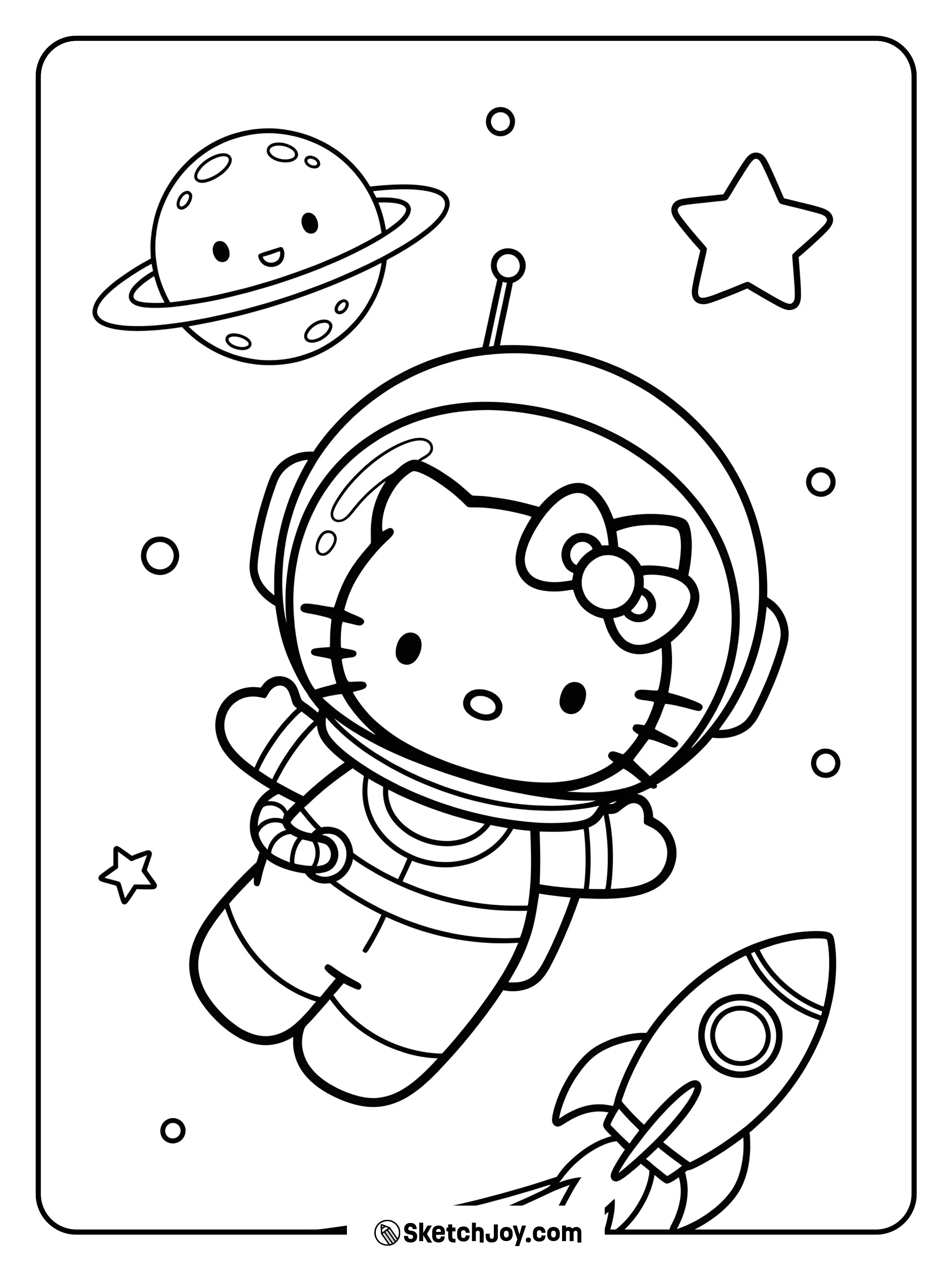Hello Kitty is floating in space in a cute astronaut suit.