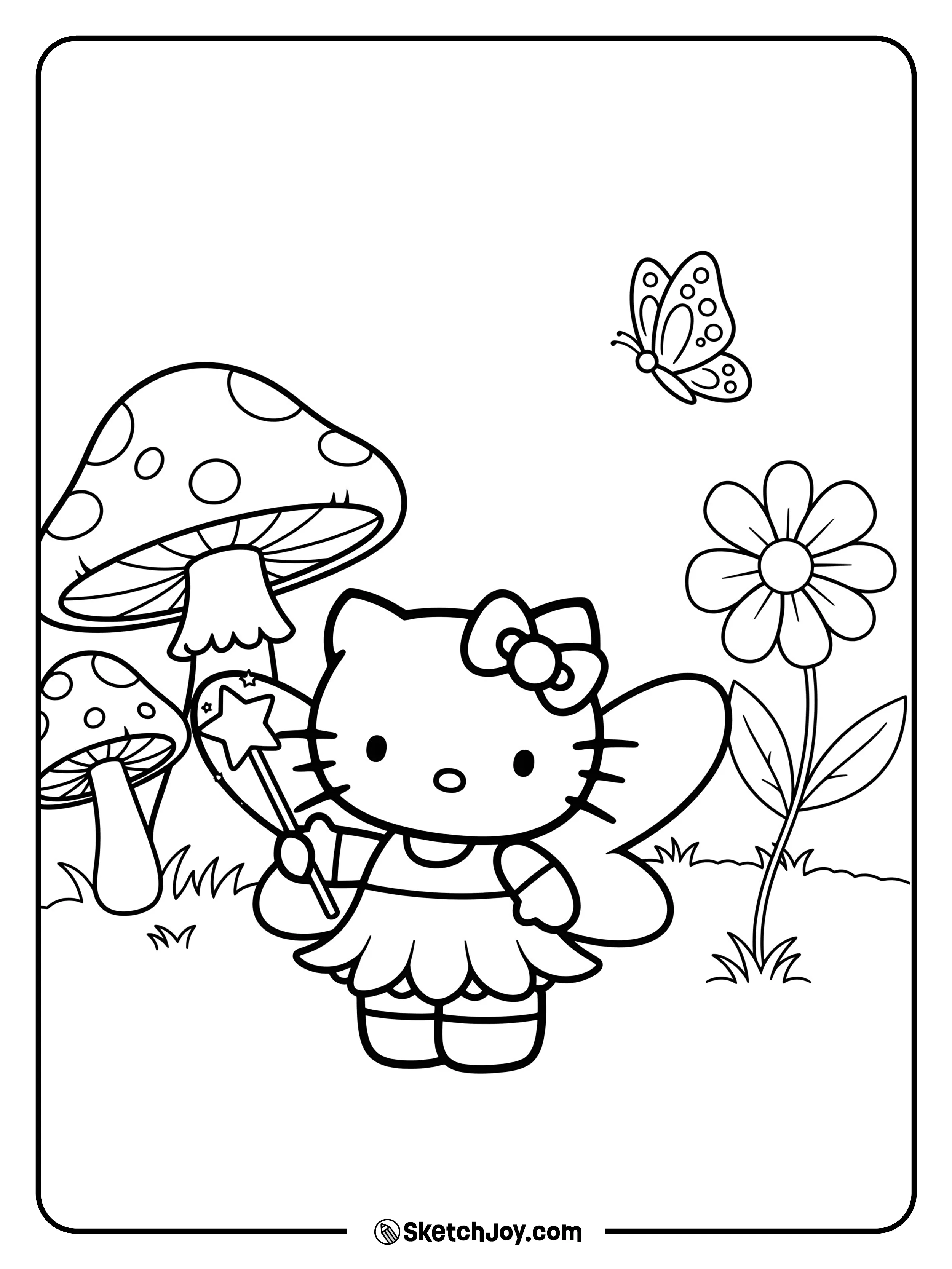 Hello Kitty is dressed as a magical fairy with sparkly wings.