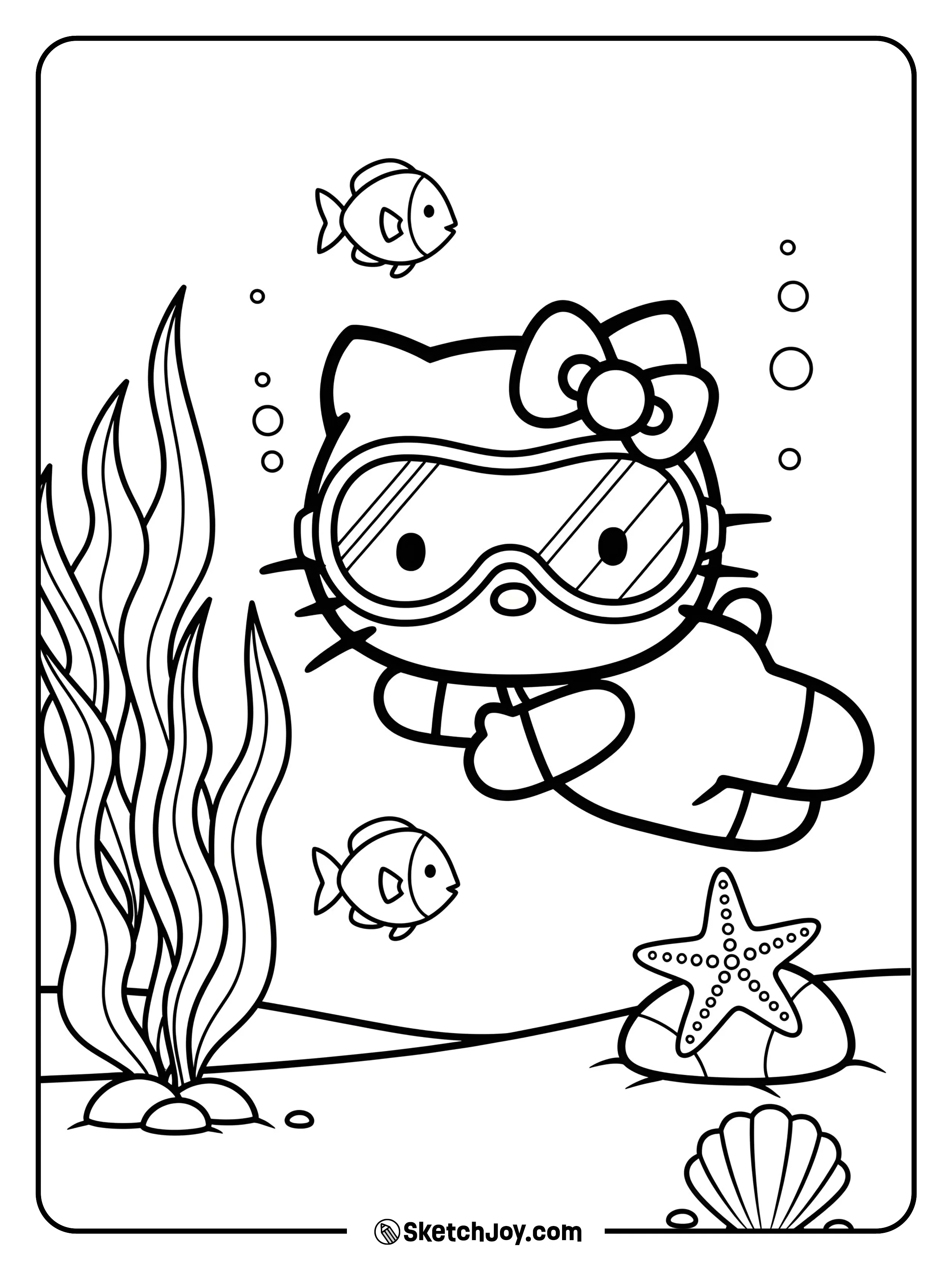 Hello Kitty is exploring the ocean floor with fish friends.