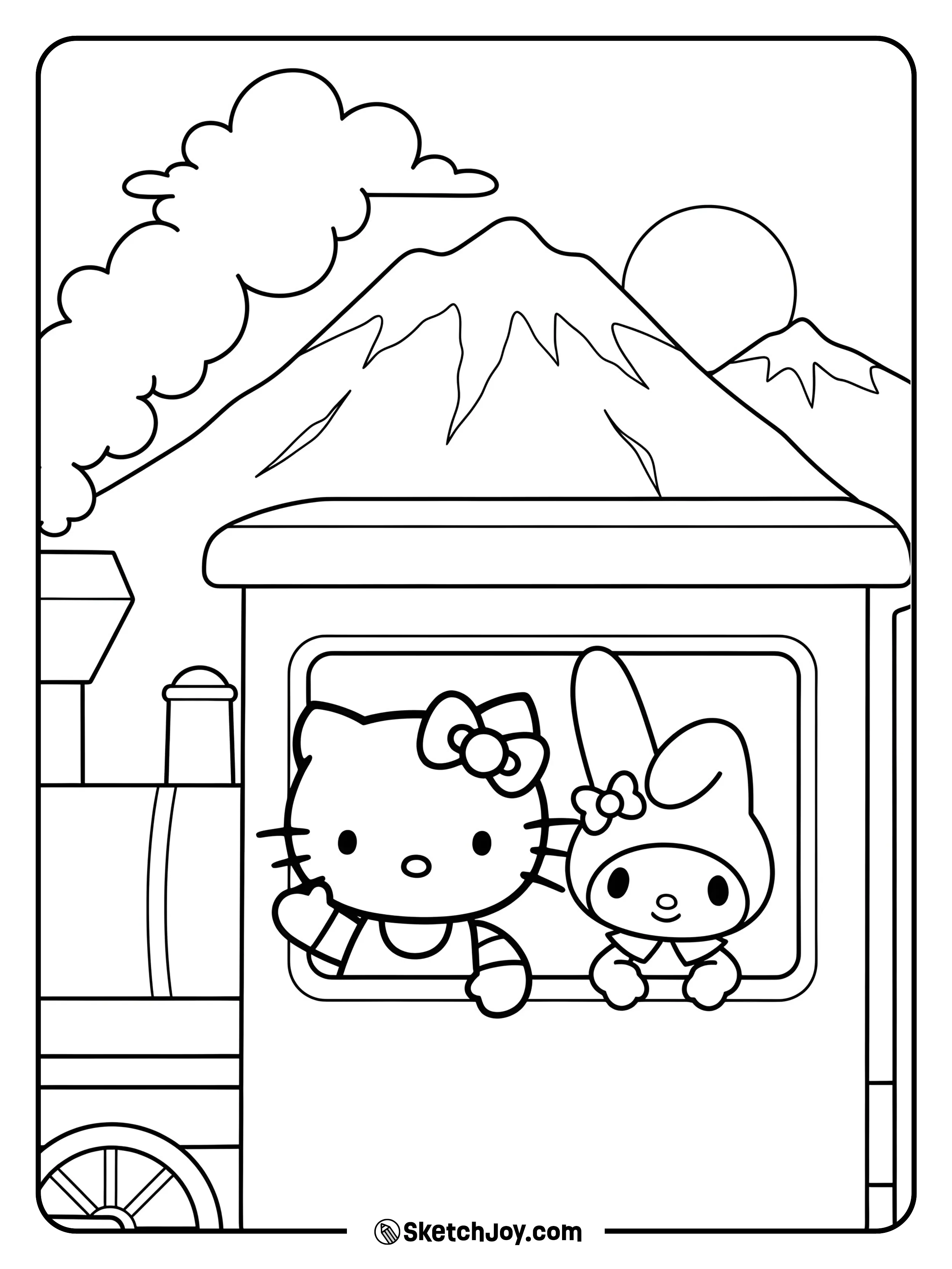 Hello Kitty and My Melody are waving from a train window