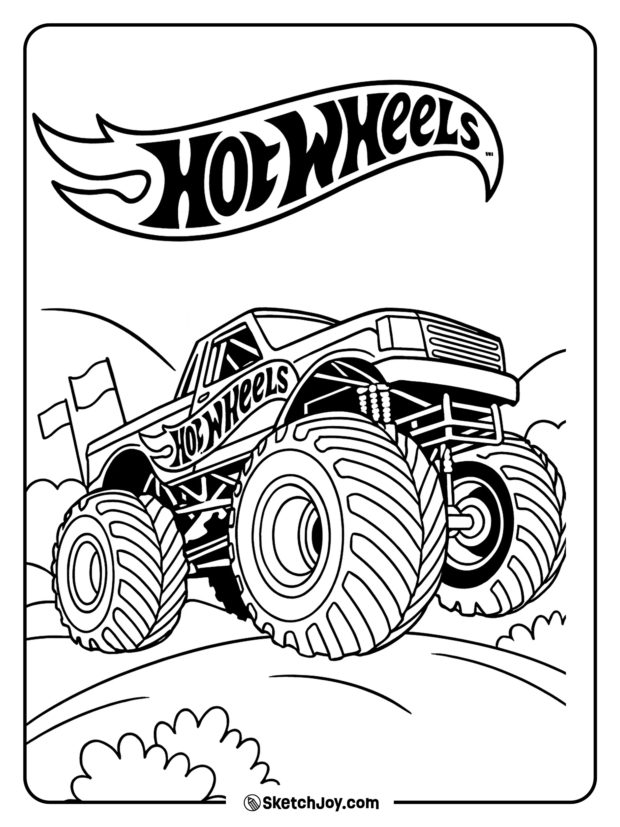 A Hot Wheels monster truck racing over hills with bold tires.