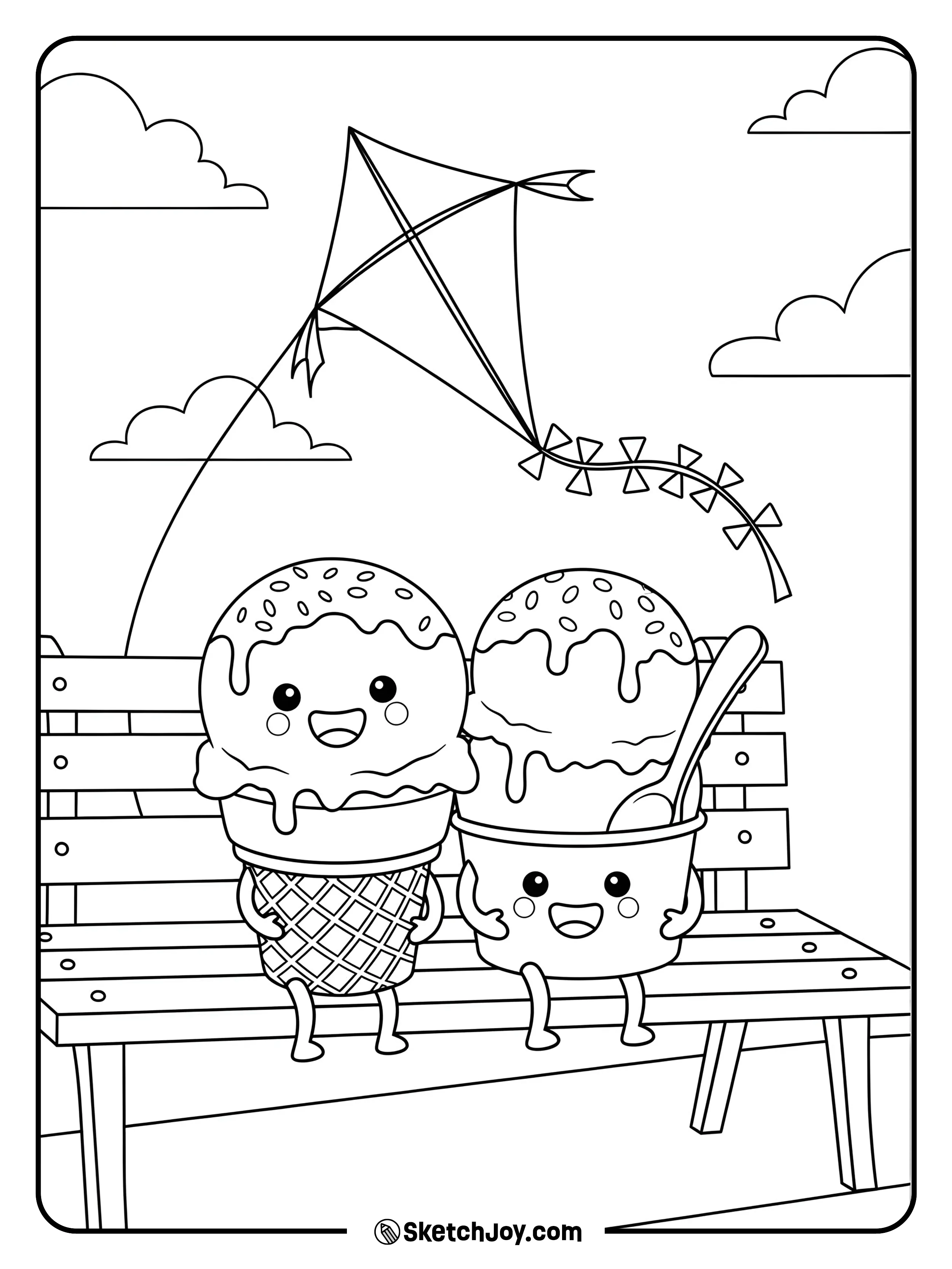 Two happy ice cream characters (cone and cup) sitting on a bench at the park