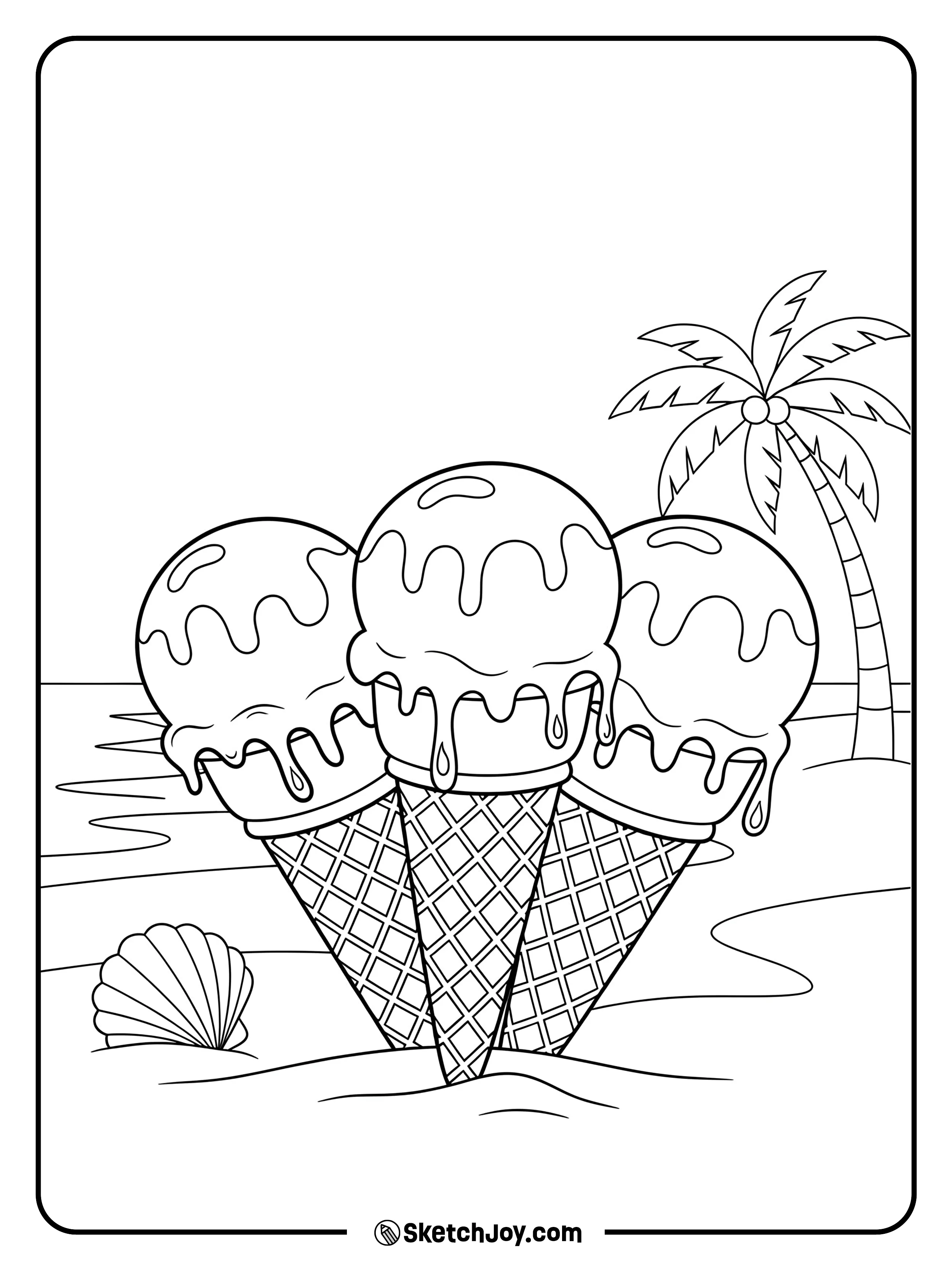 Three different ice cream cones standing together on soft beach sand.