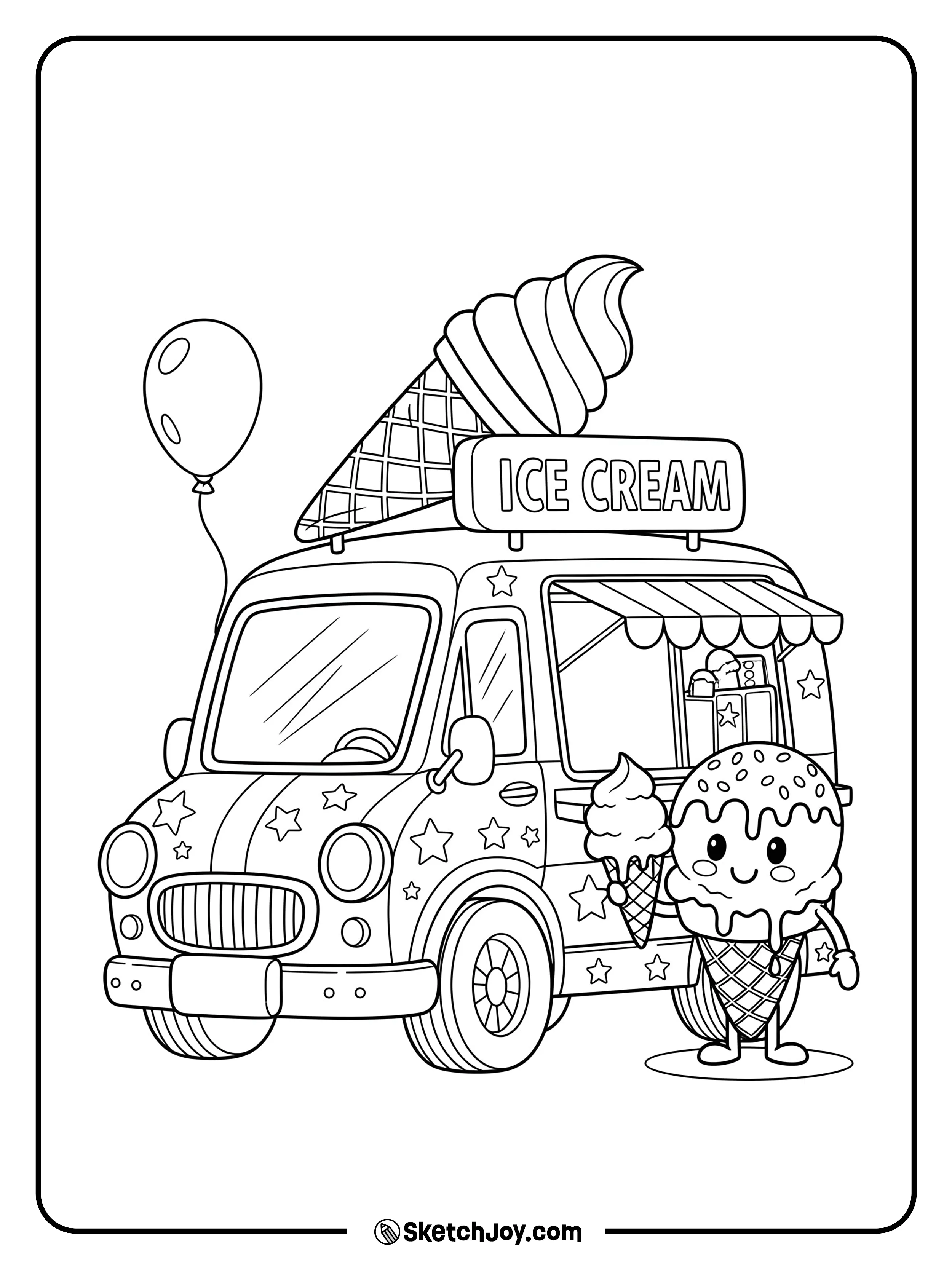 A cheerful ice cream van parked in front of a happy ice cream cone waving hello.