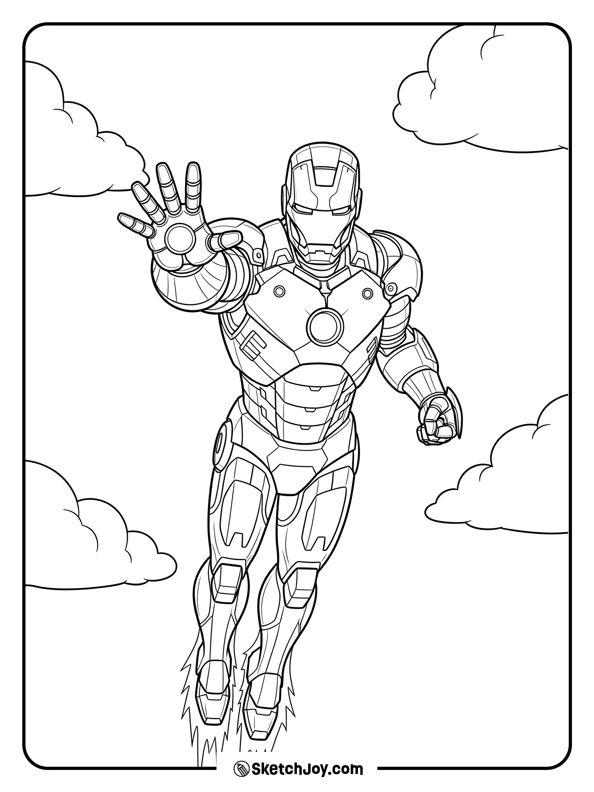 Iron Man soaring through the sky with a few fluffy clouds.