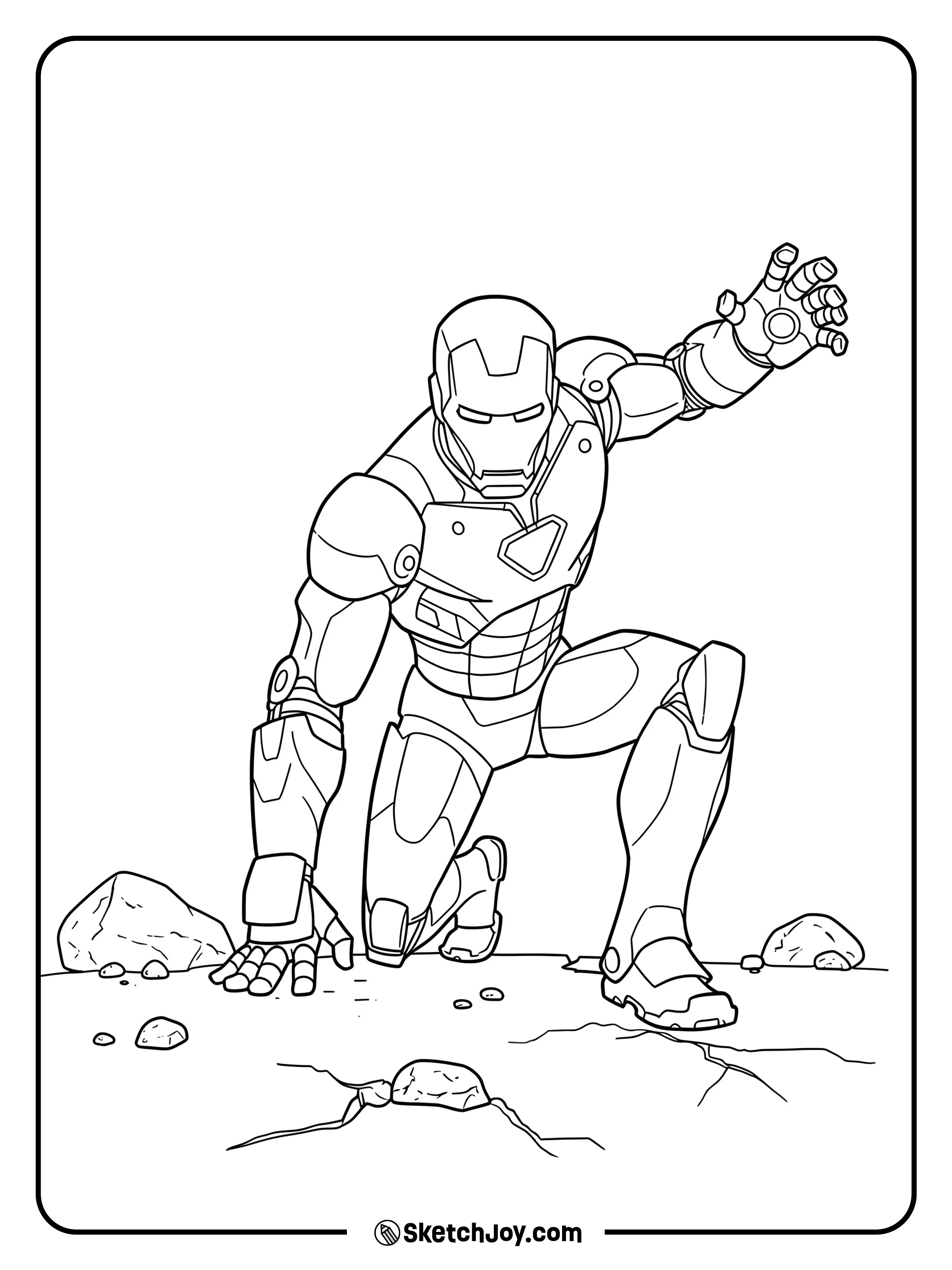 Iron Man landing from the sky in a superhero pose.