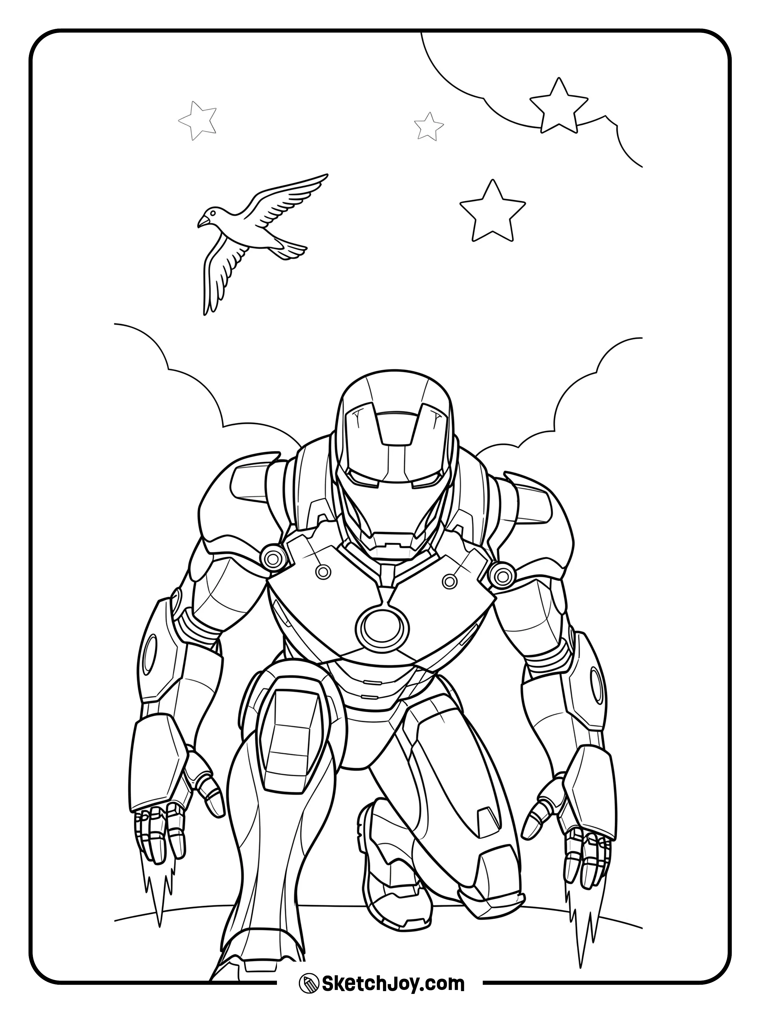 Iron Man getting ready to blast off into the sky.