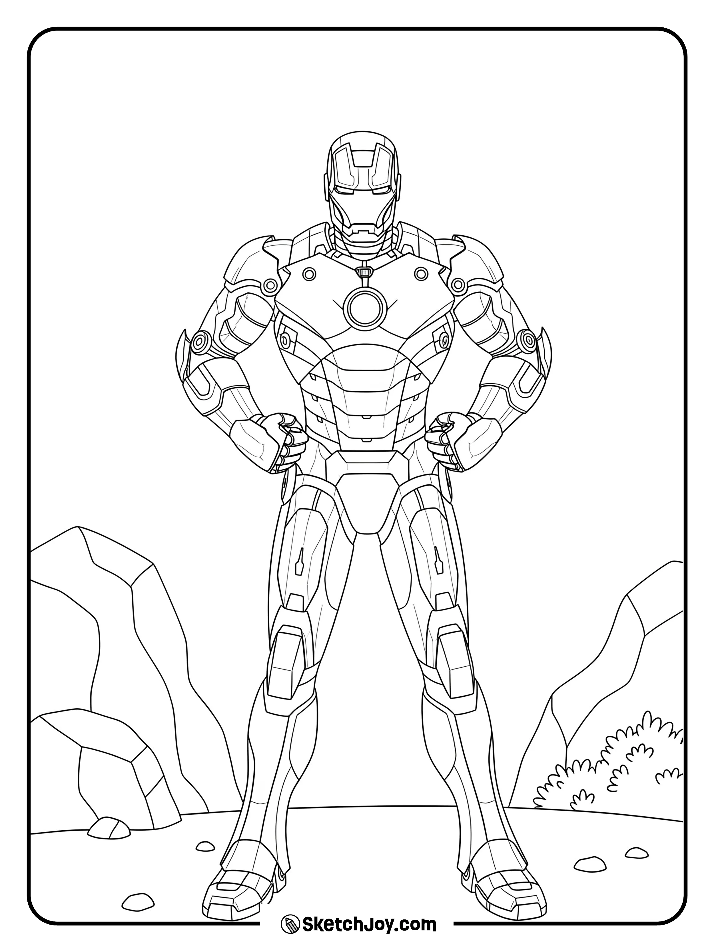 Iron Man standing in a powerful pose with a few rocks around.