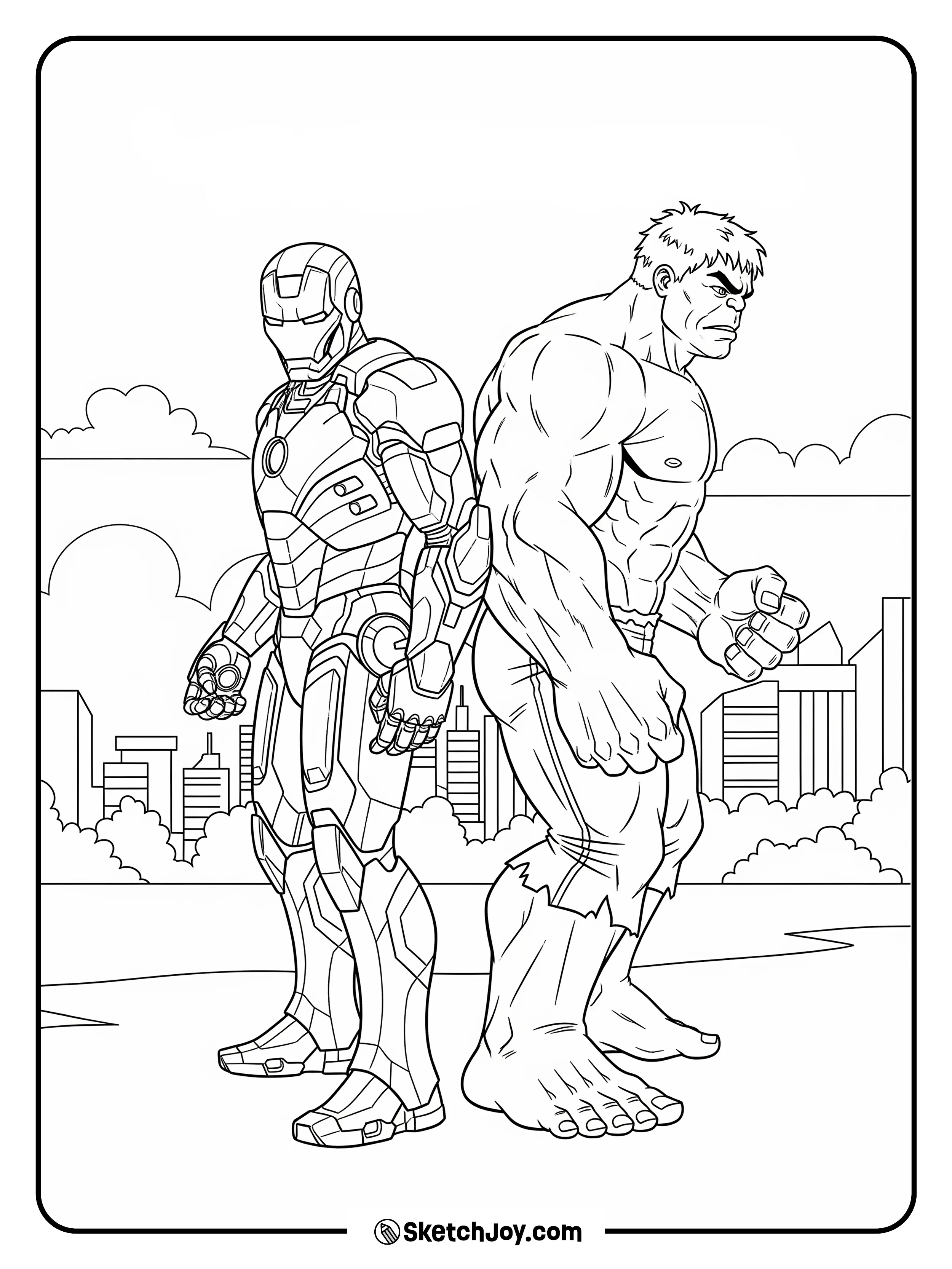 Iron Man and Hulk standing back-to-back, ready for action.
