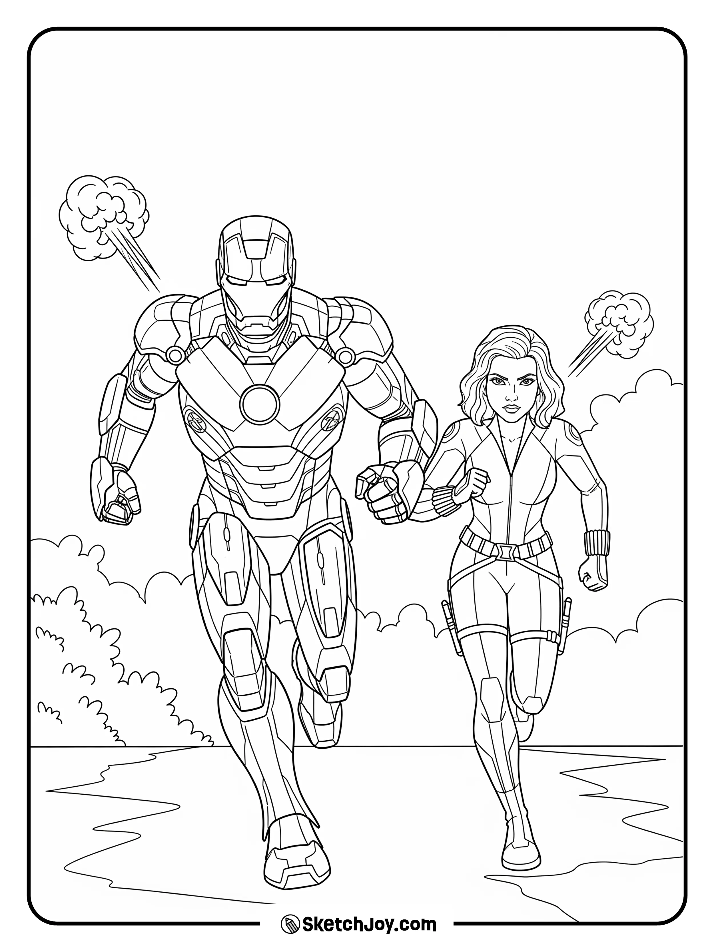 Iron Man and Black Widow running forward in action mode.