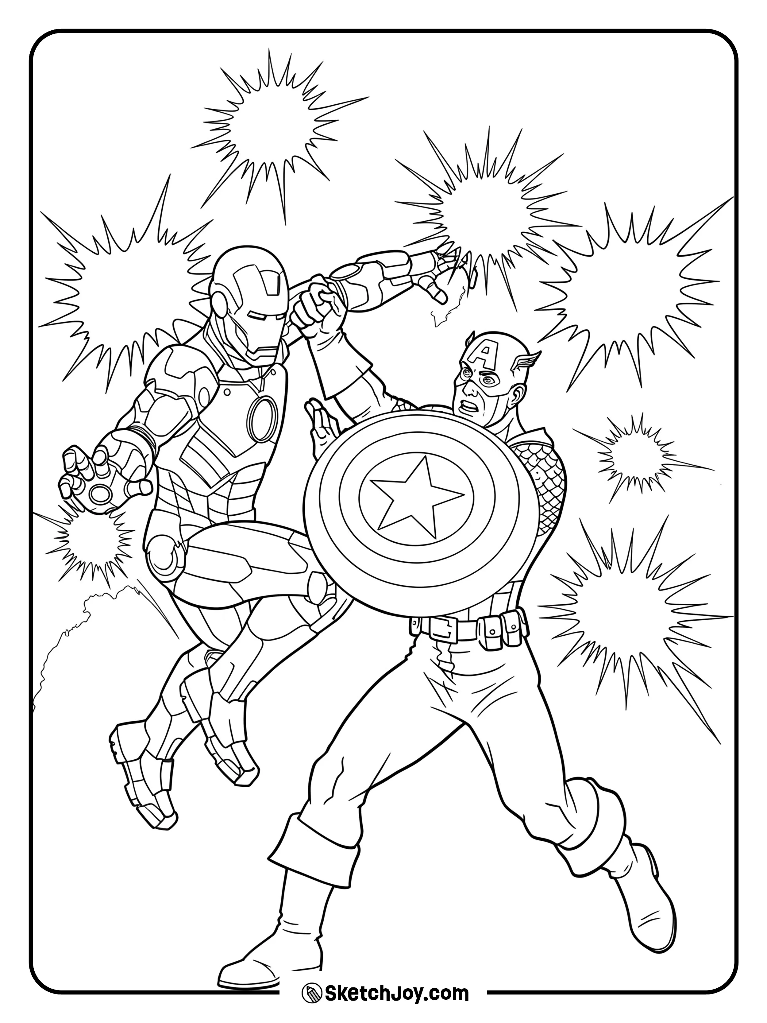 Iron Man and Captain America in an epic fight, surrounded by action bursts.