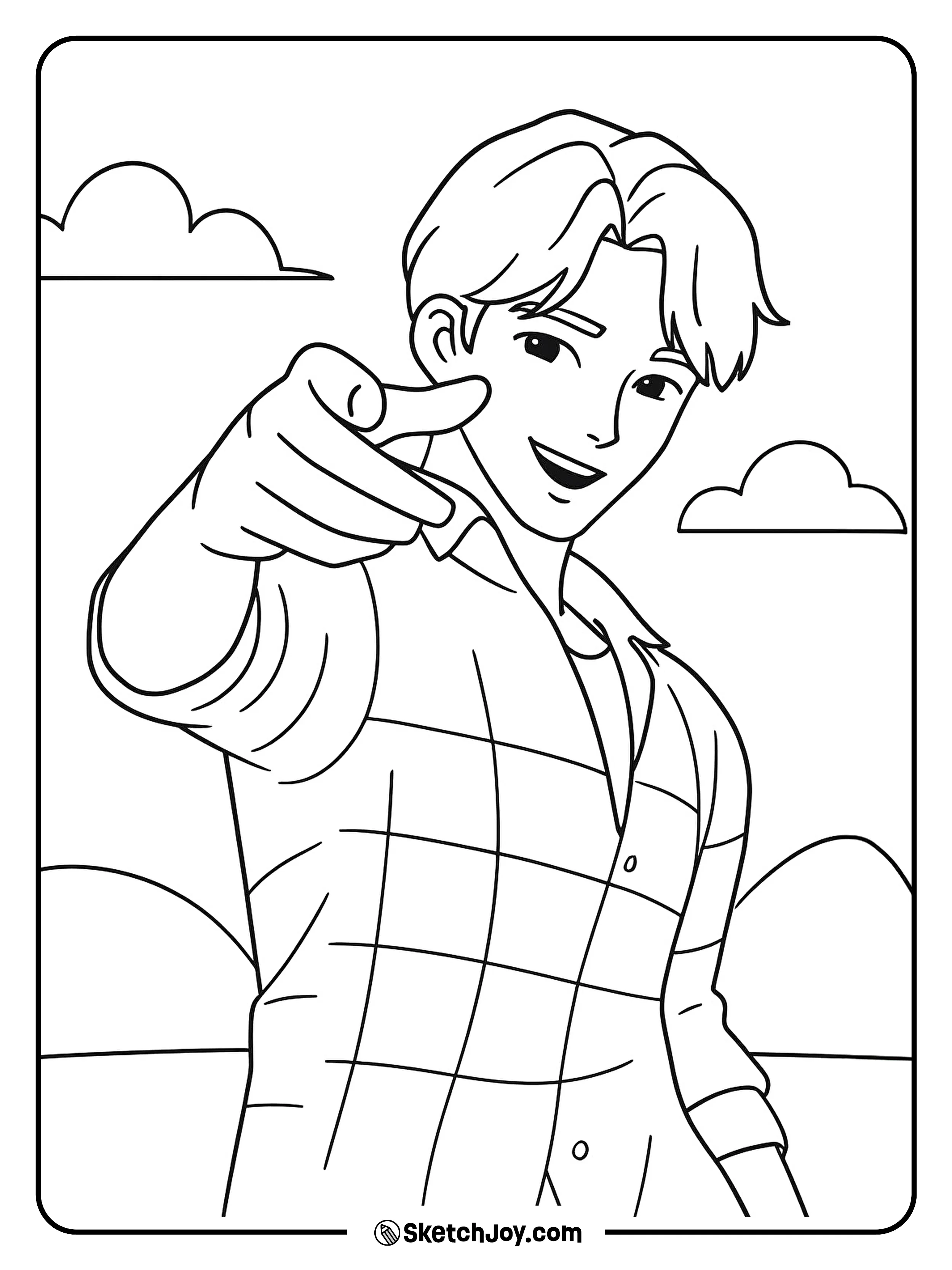 Jinu smiles and points toward the viewers
