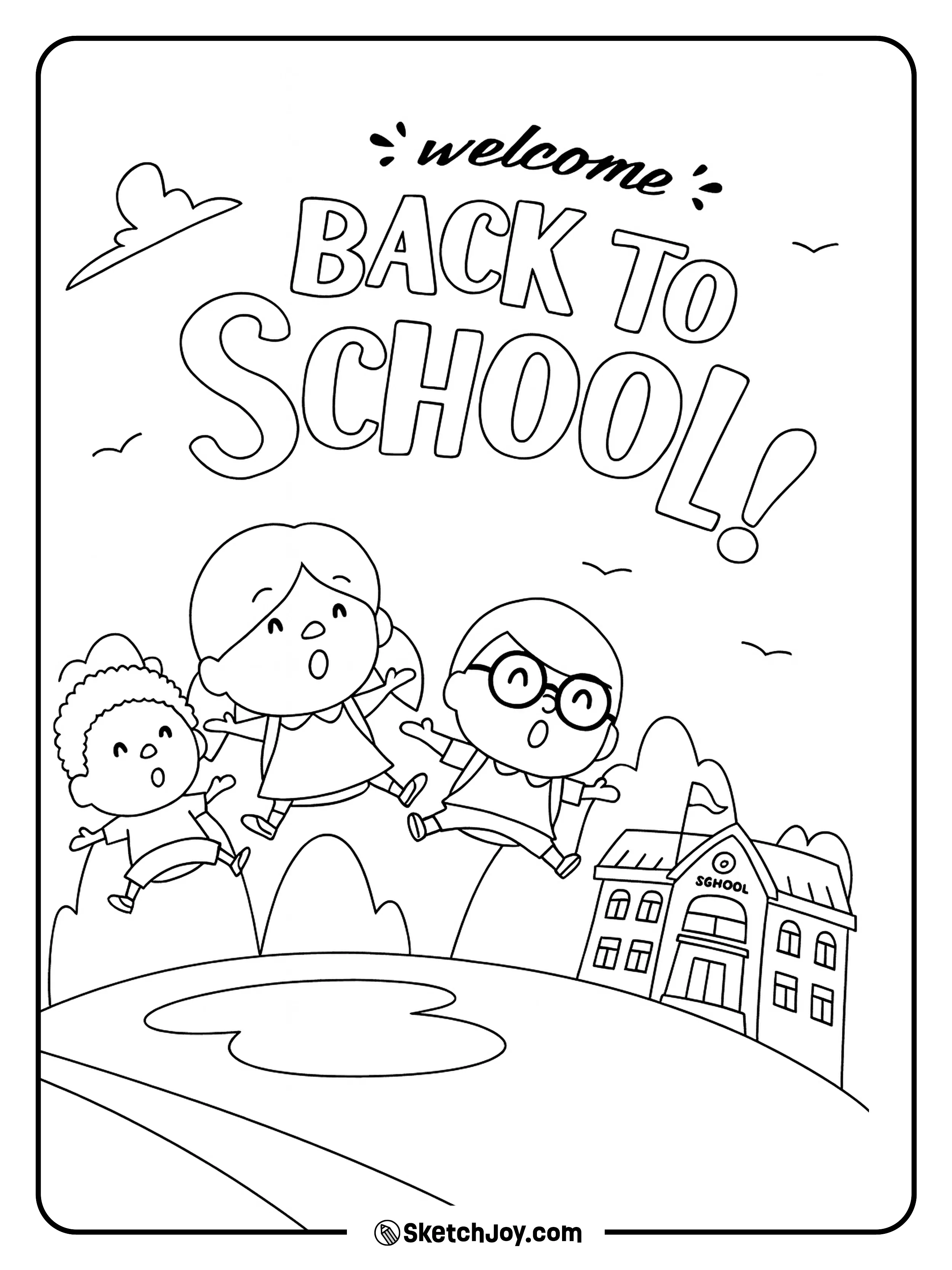 Three happy kids jumping with excitement on their way back to school.