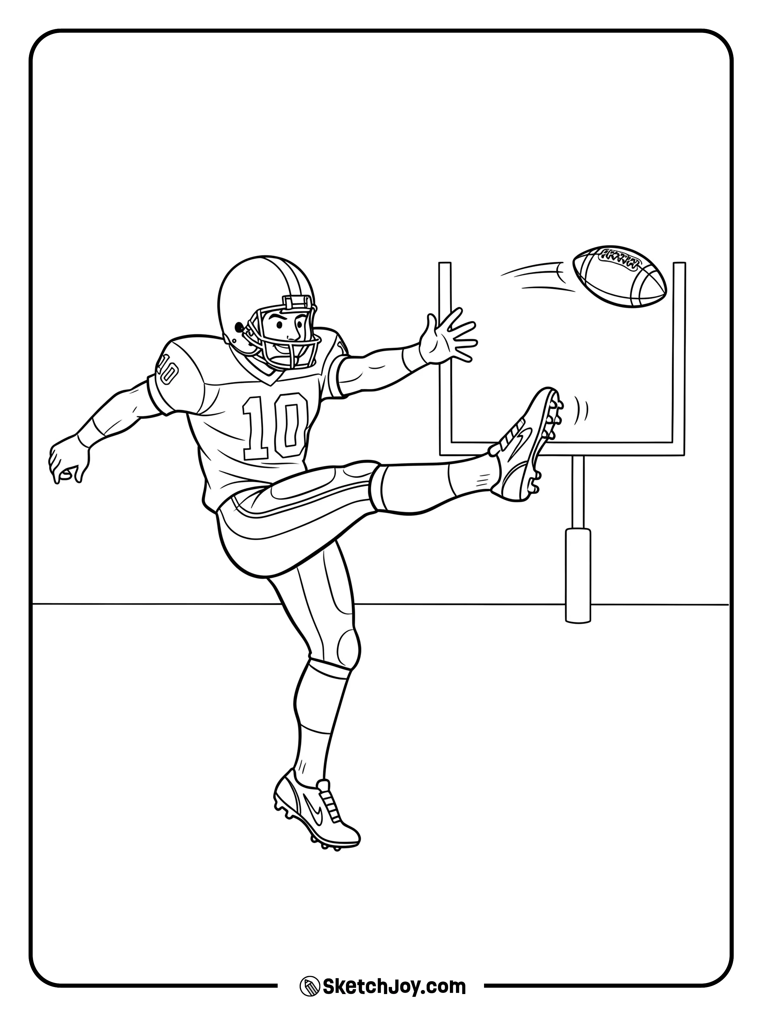 A football kicker mid-kick aiming for the goalpost.
