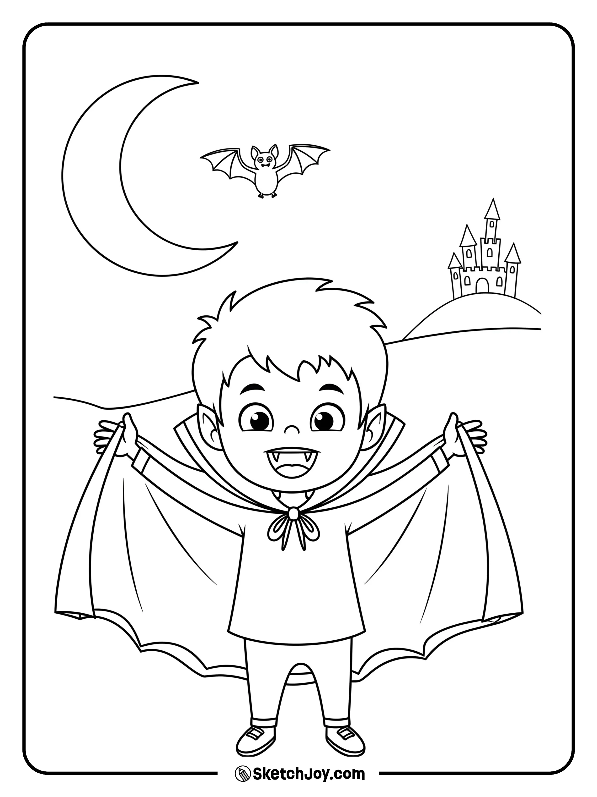 A child with small fangs spreads an open cape and smiles.