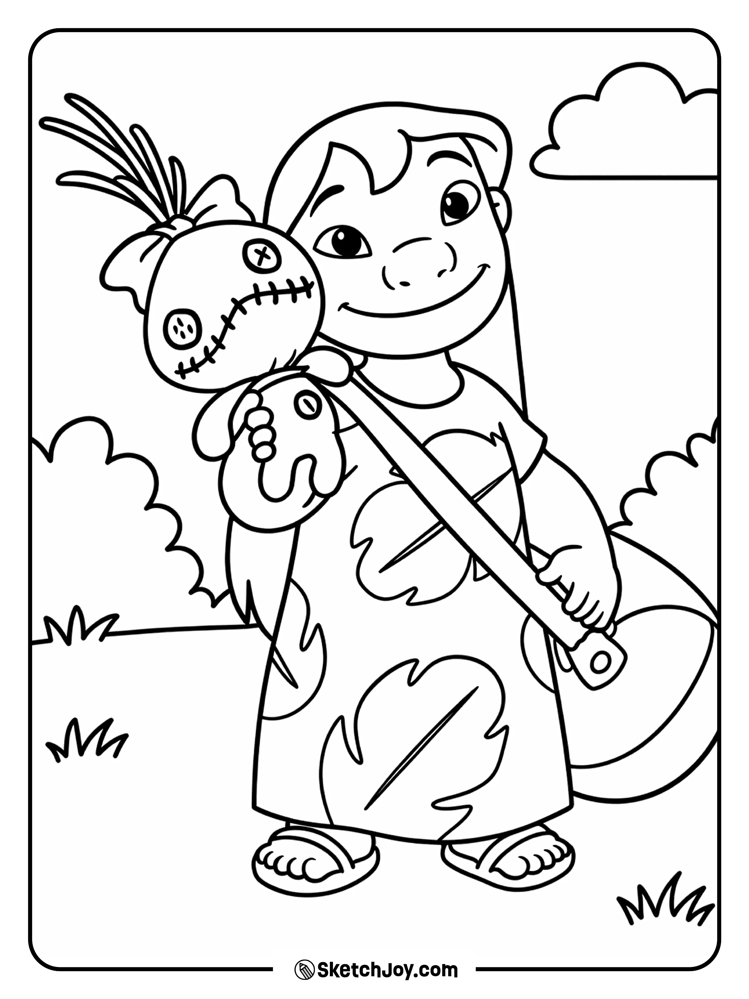 Lilo smiling warmly while holding her beloved doll Scrump.