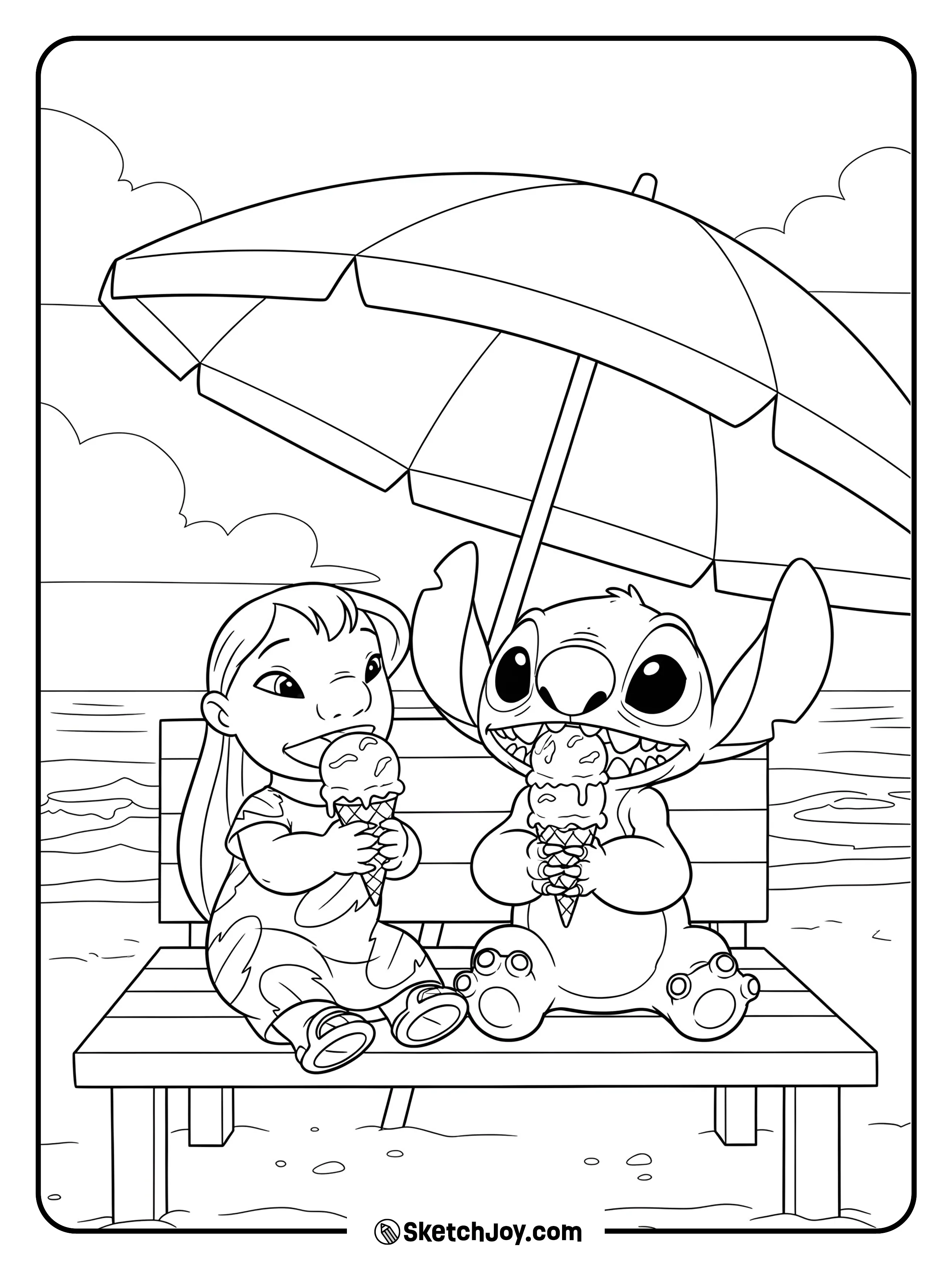 Lilo and Stitch enjoying ice cream cones on a warm day.