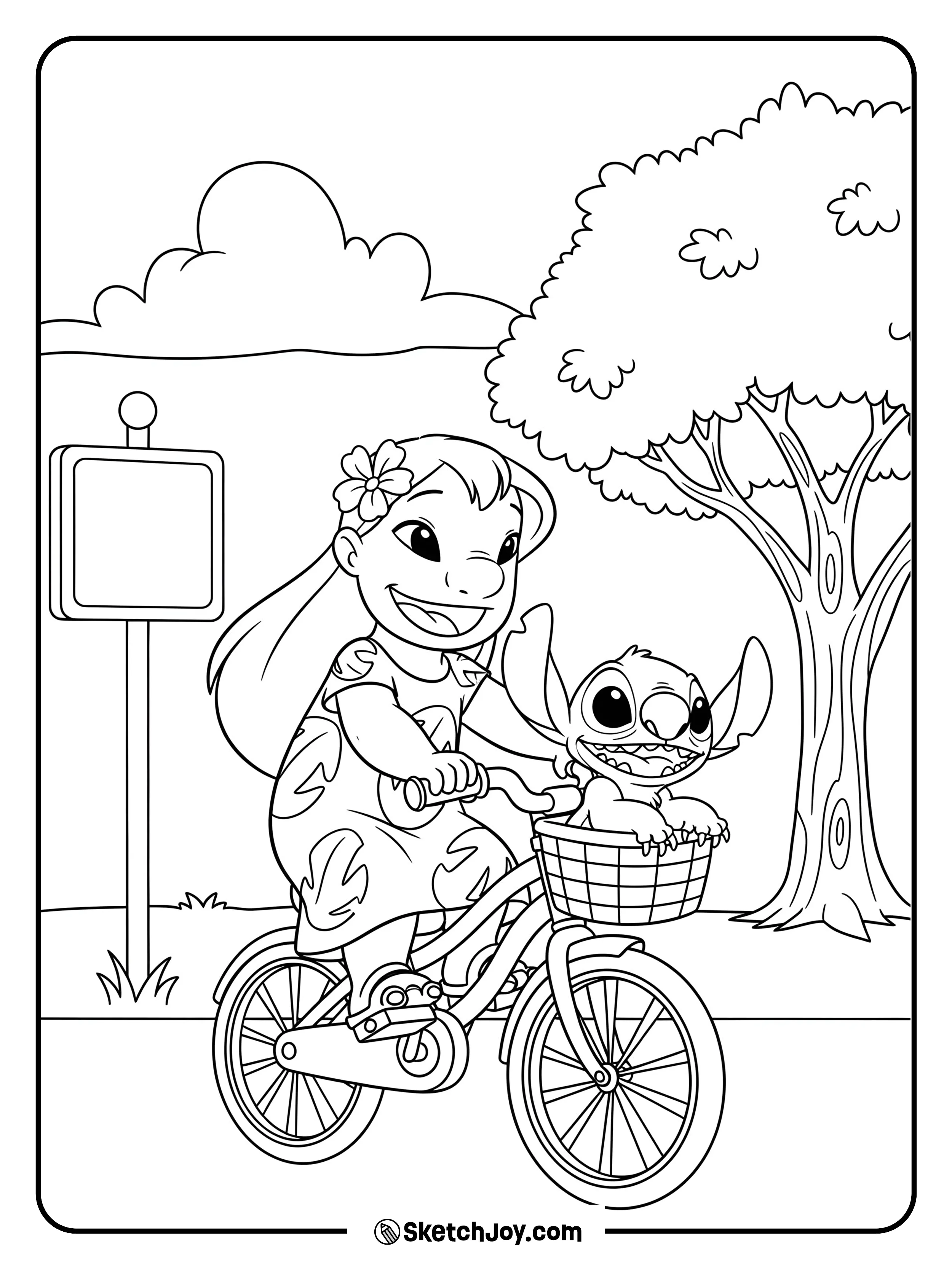 Lilo pedals a bike while Stitch enjoys the ride.