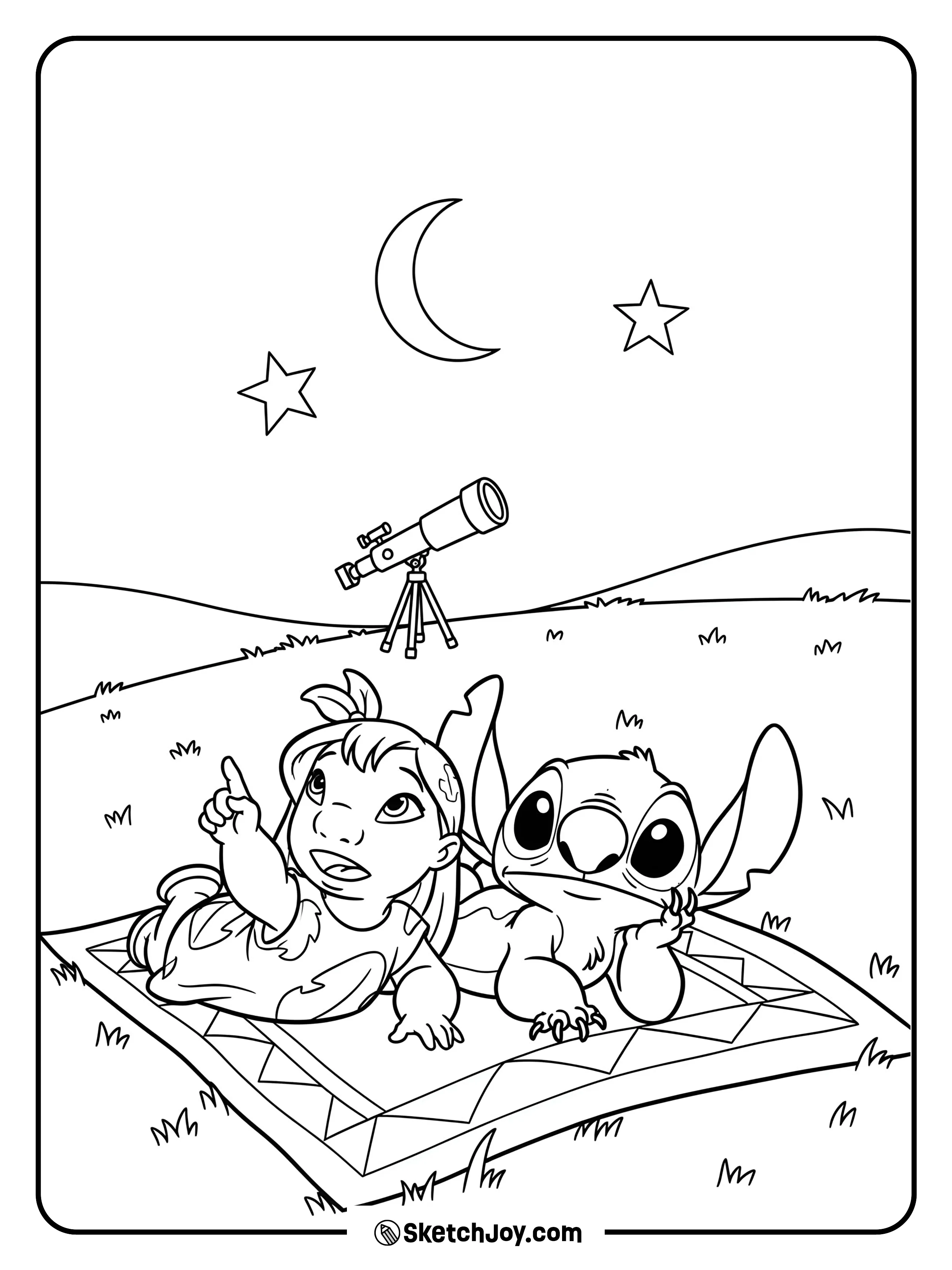 Lilo and Stitch lying on a blanket looking up at the stars.