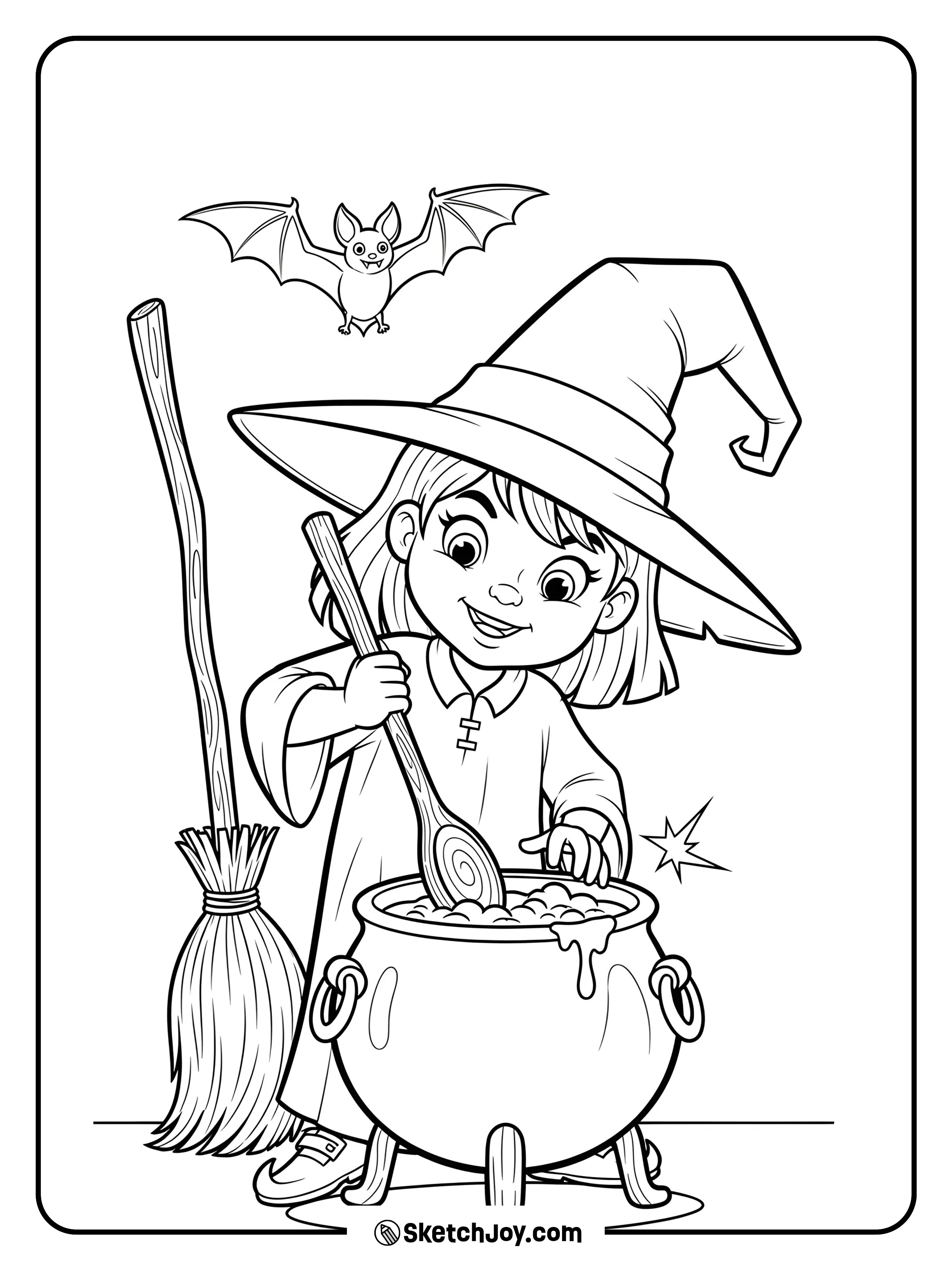 A young witch in a pointy hat stirs a small bubbling pot.